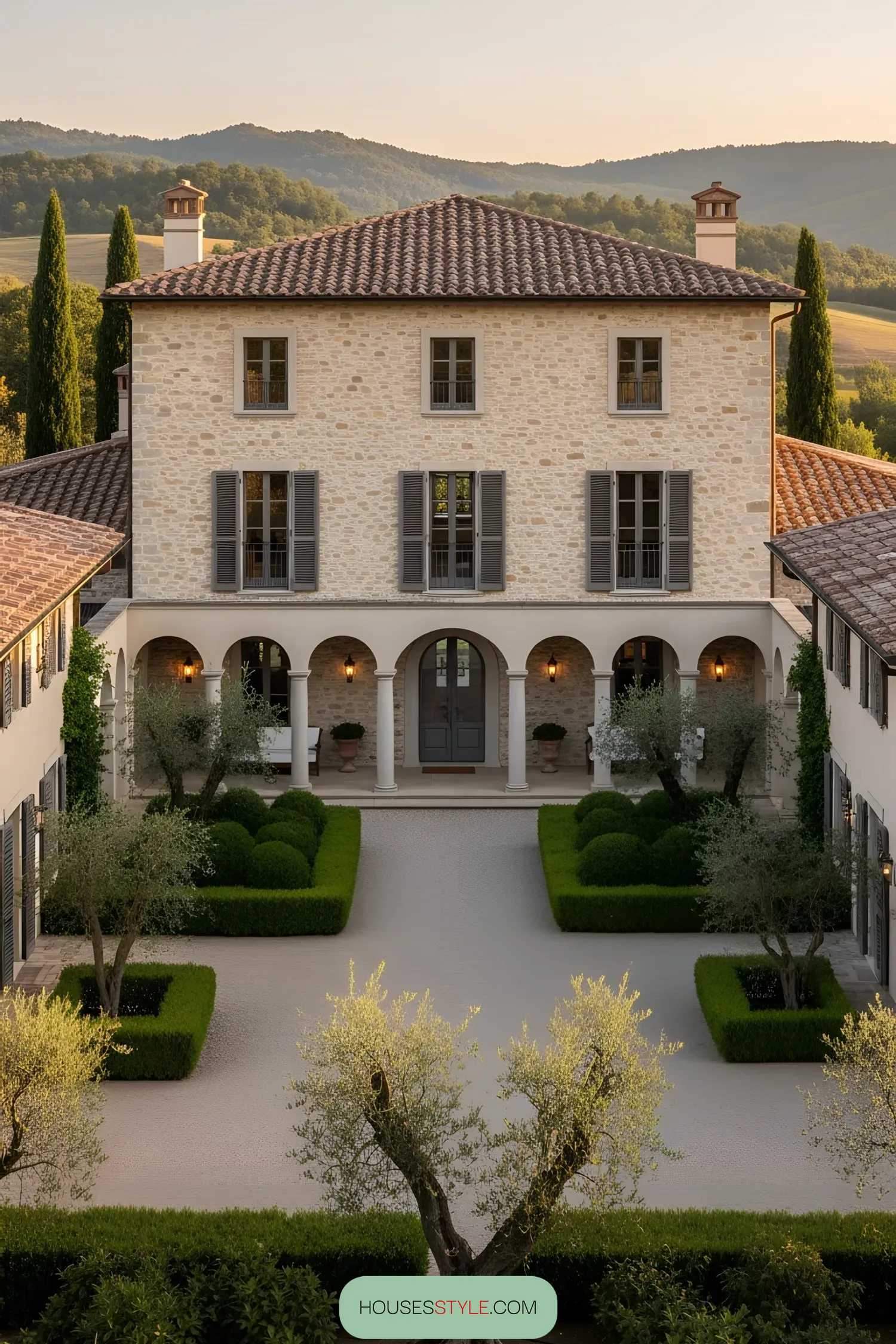 Stone villa surrounded by lush landscaping