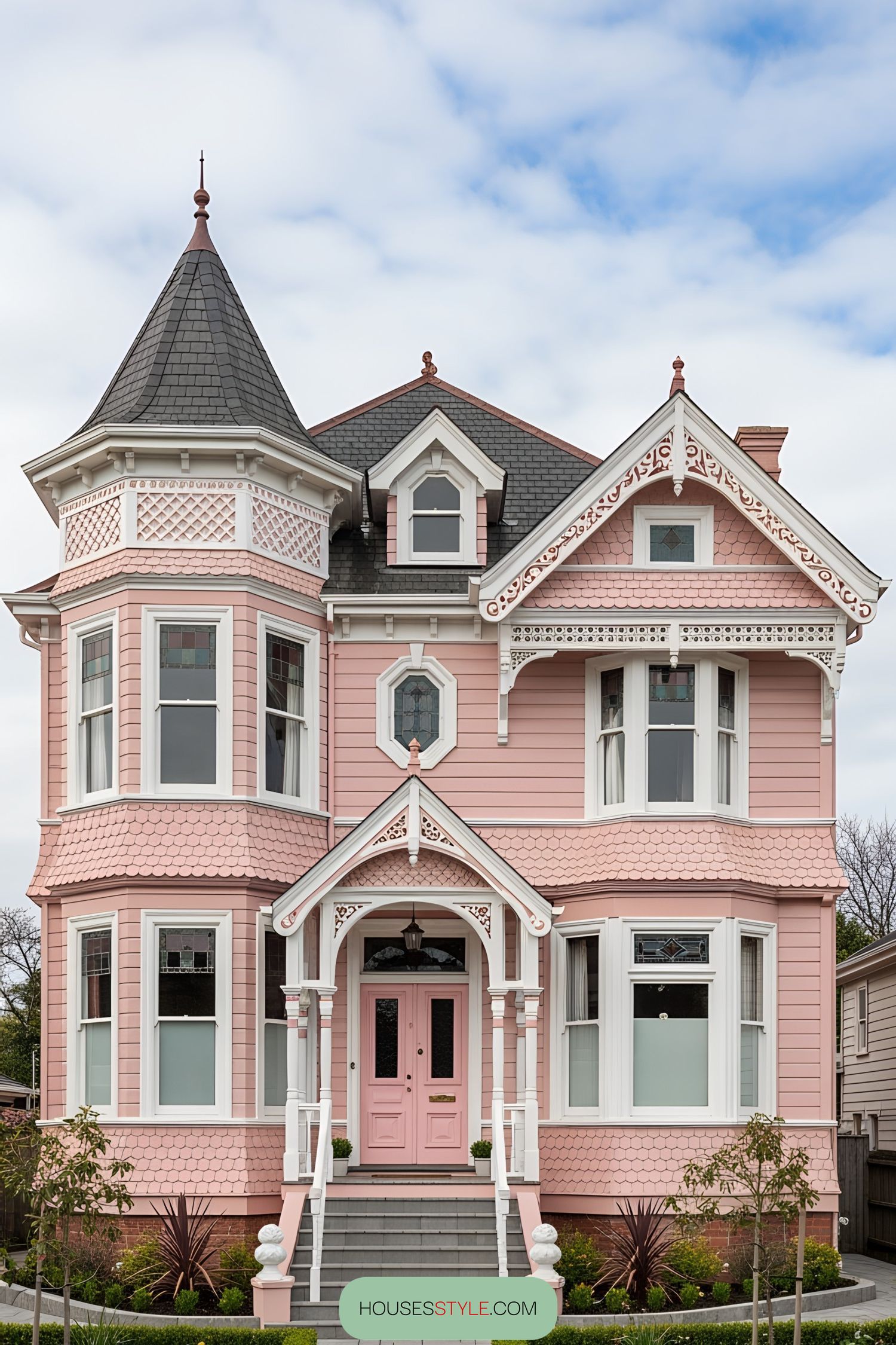 Victorian house with a pink facade and ornate details
