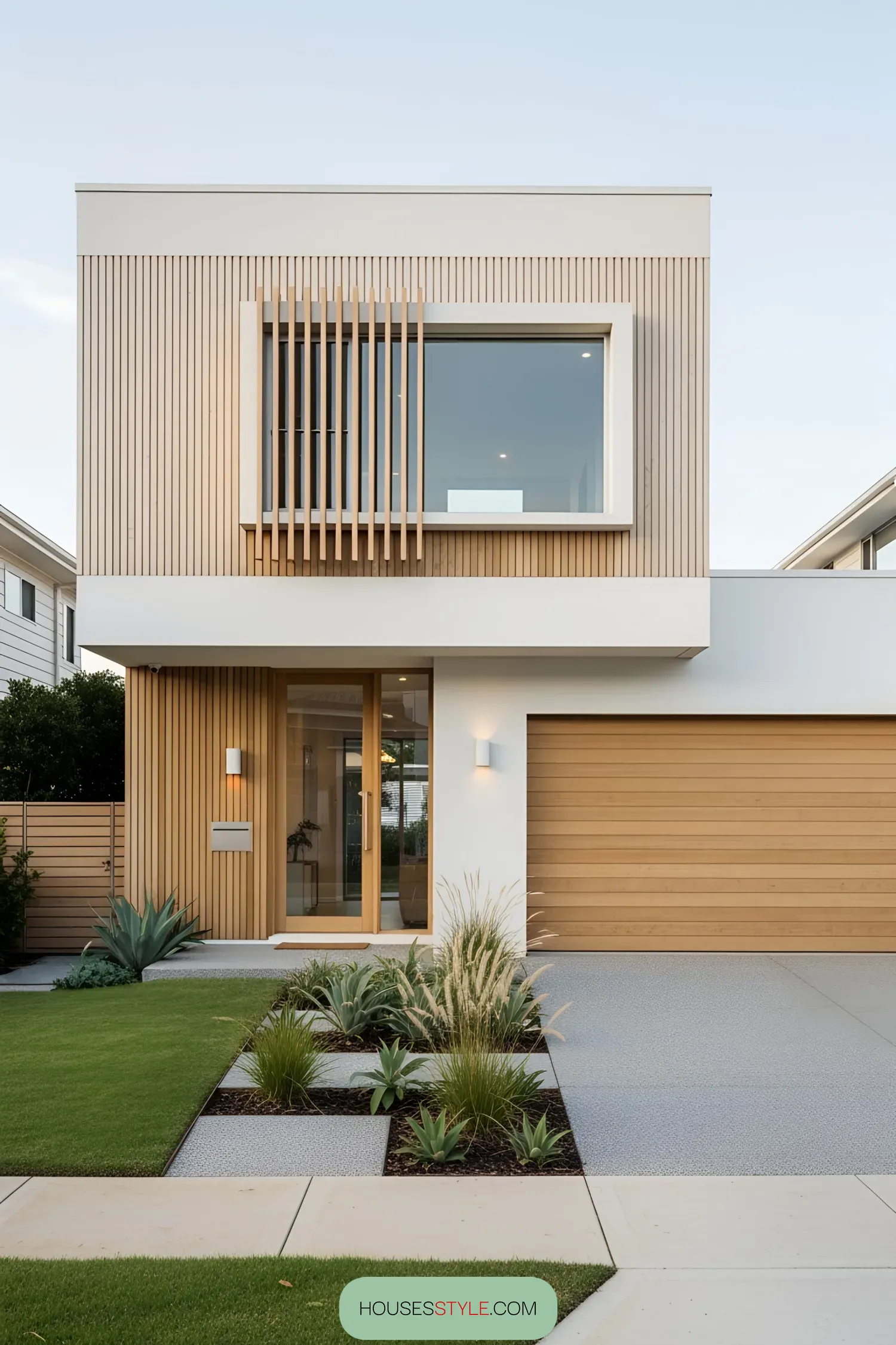 Modern beach house with wood accents and a lush front yard