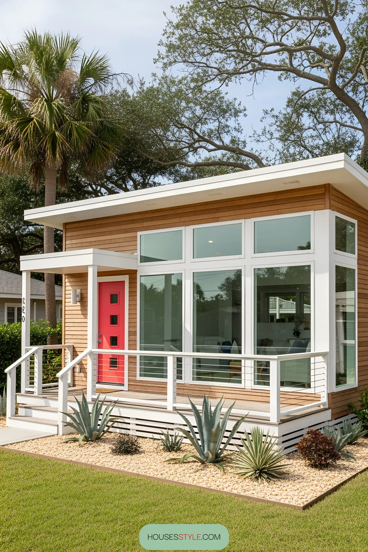 Small coastal house with large windows and a vibrant door