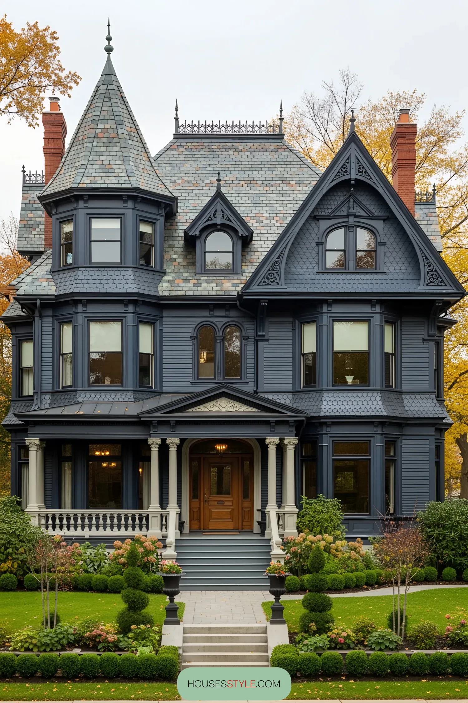 Black Victorian house surrounded by a lush garden, showcasing intricate detailing and a striking gable roof