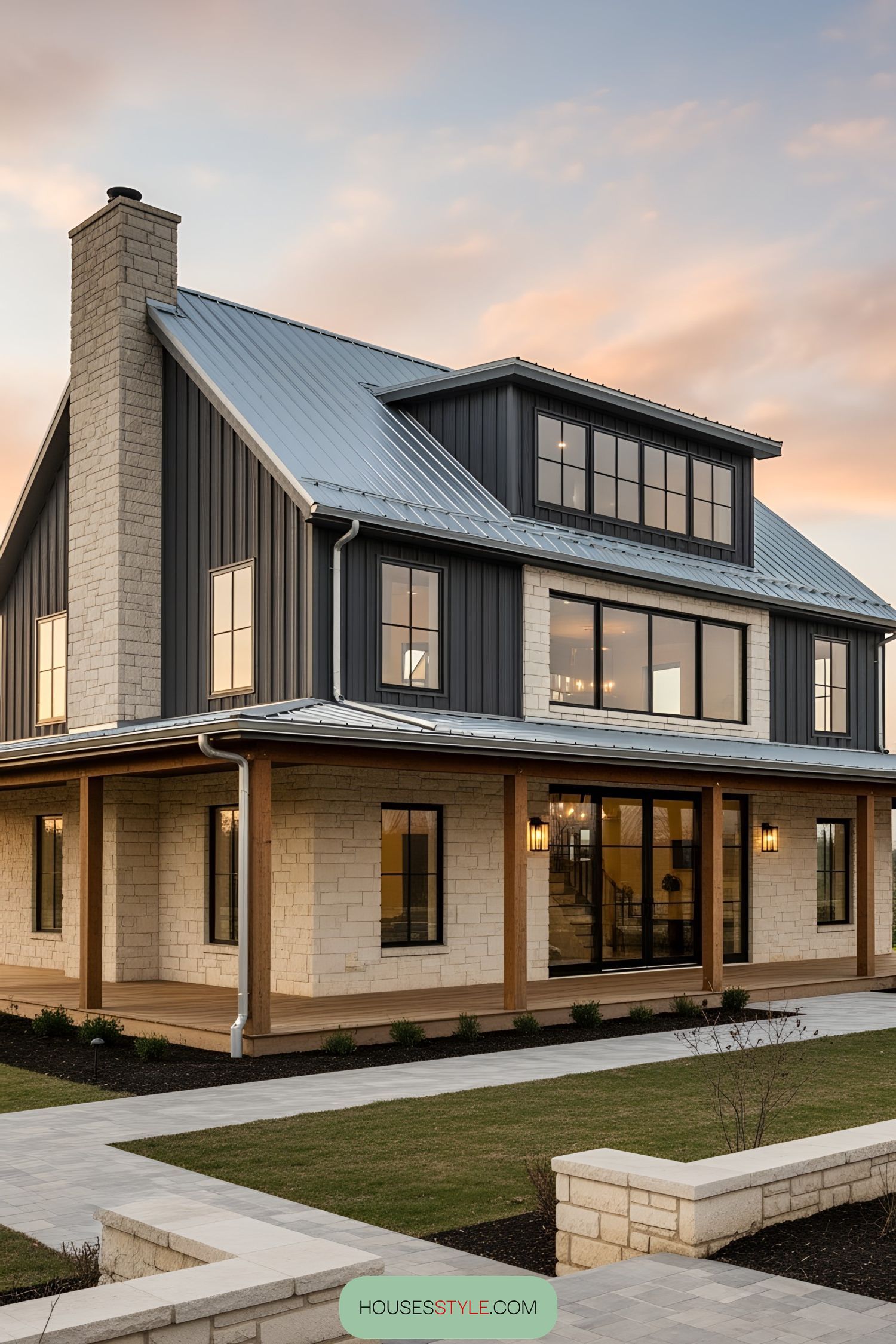 Modern barnhouse with wraparound porch at sunset