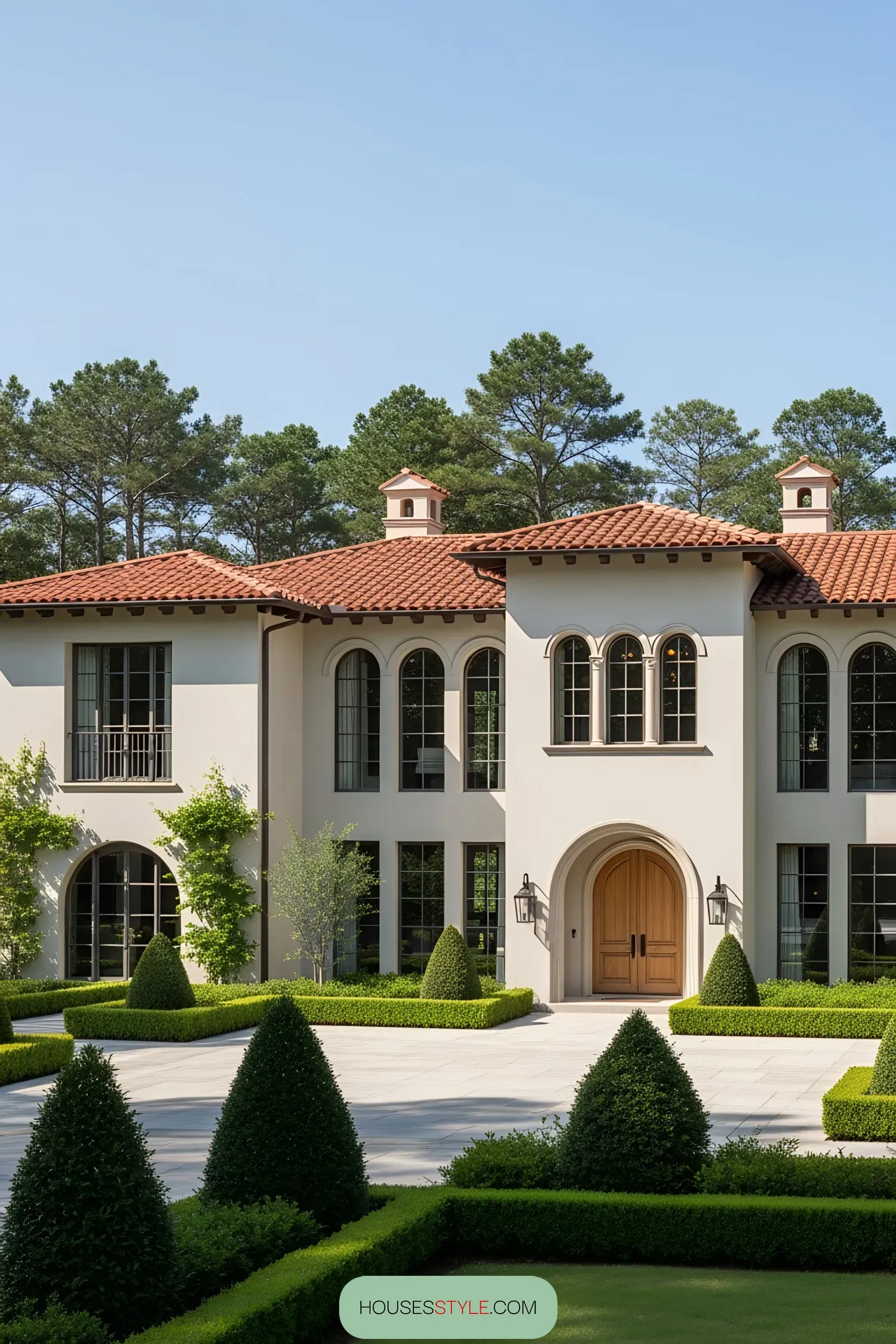 Modern Tuscan villa with red roof and arched windows