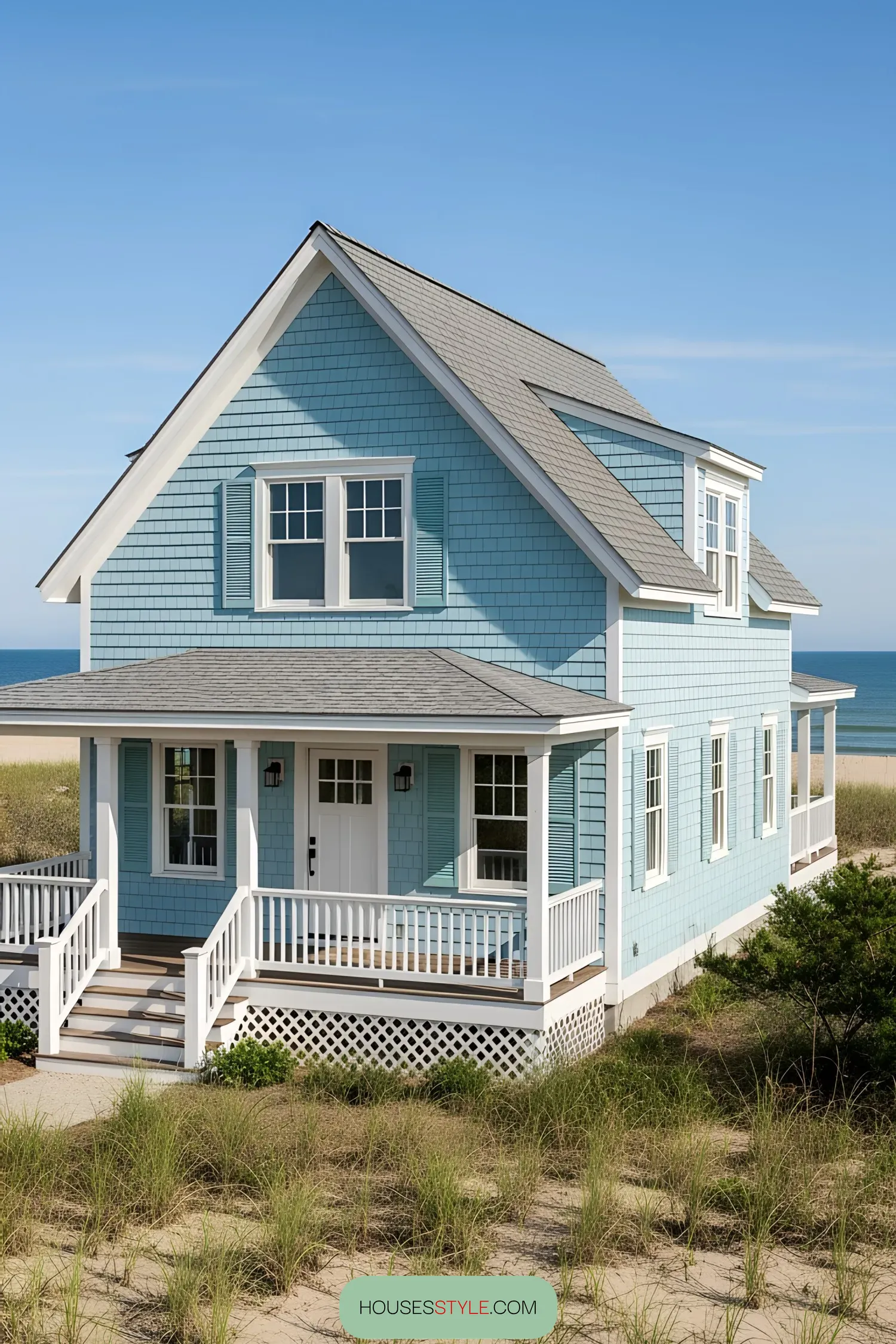Coastal house with blue siding and white trim