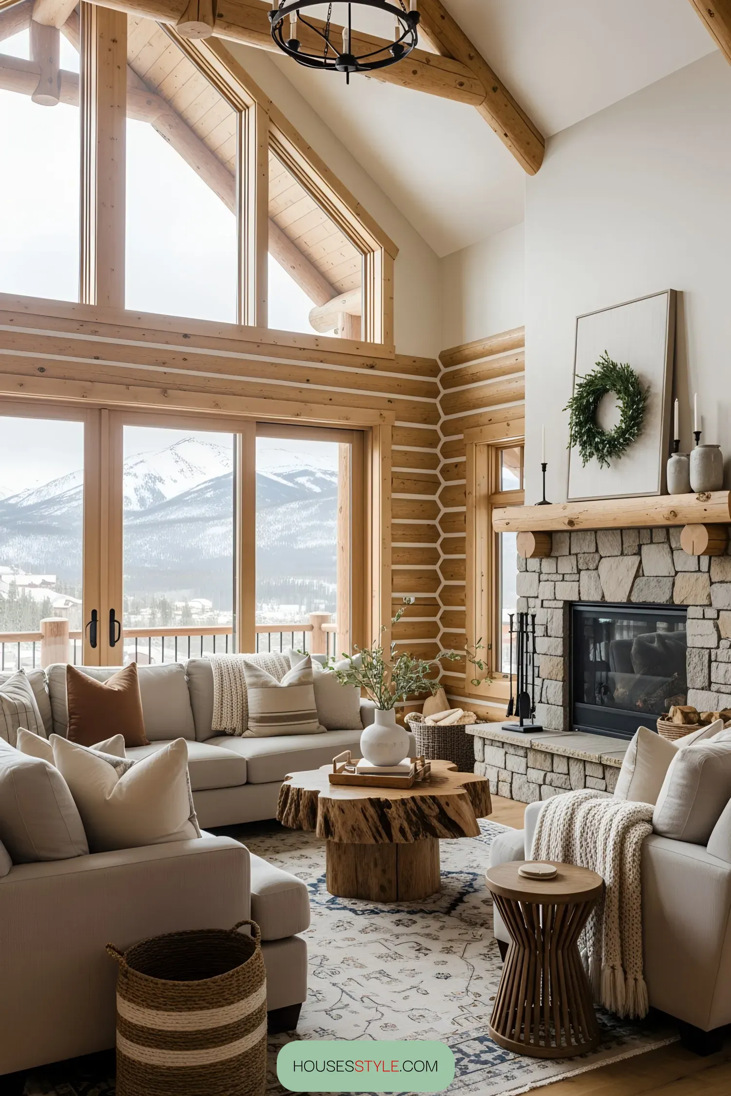 Inviting log cabin living room with mountain views