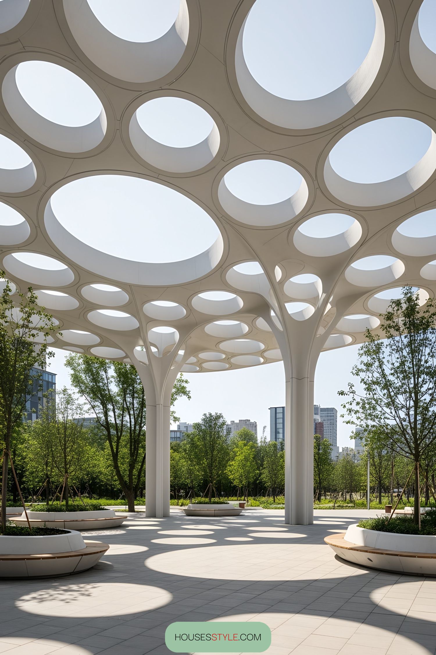 White, modern canopy with circular cutouts above a plaza