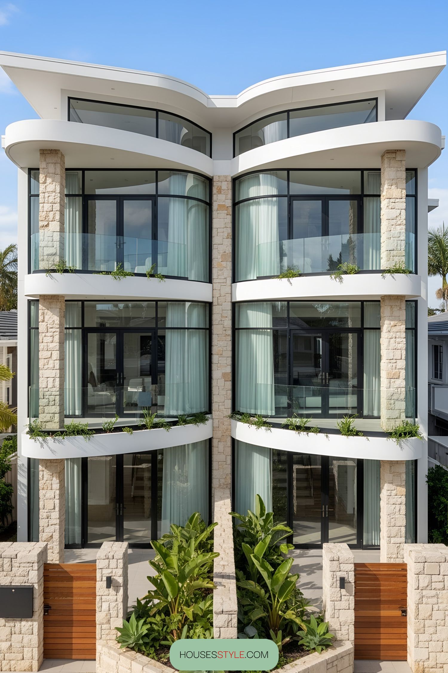 Modern duplex featuring stone and glass design