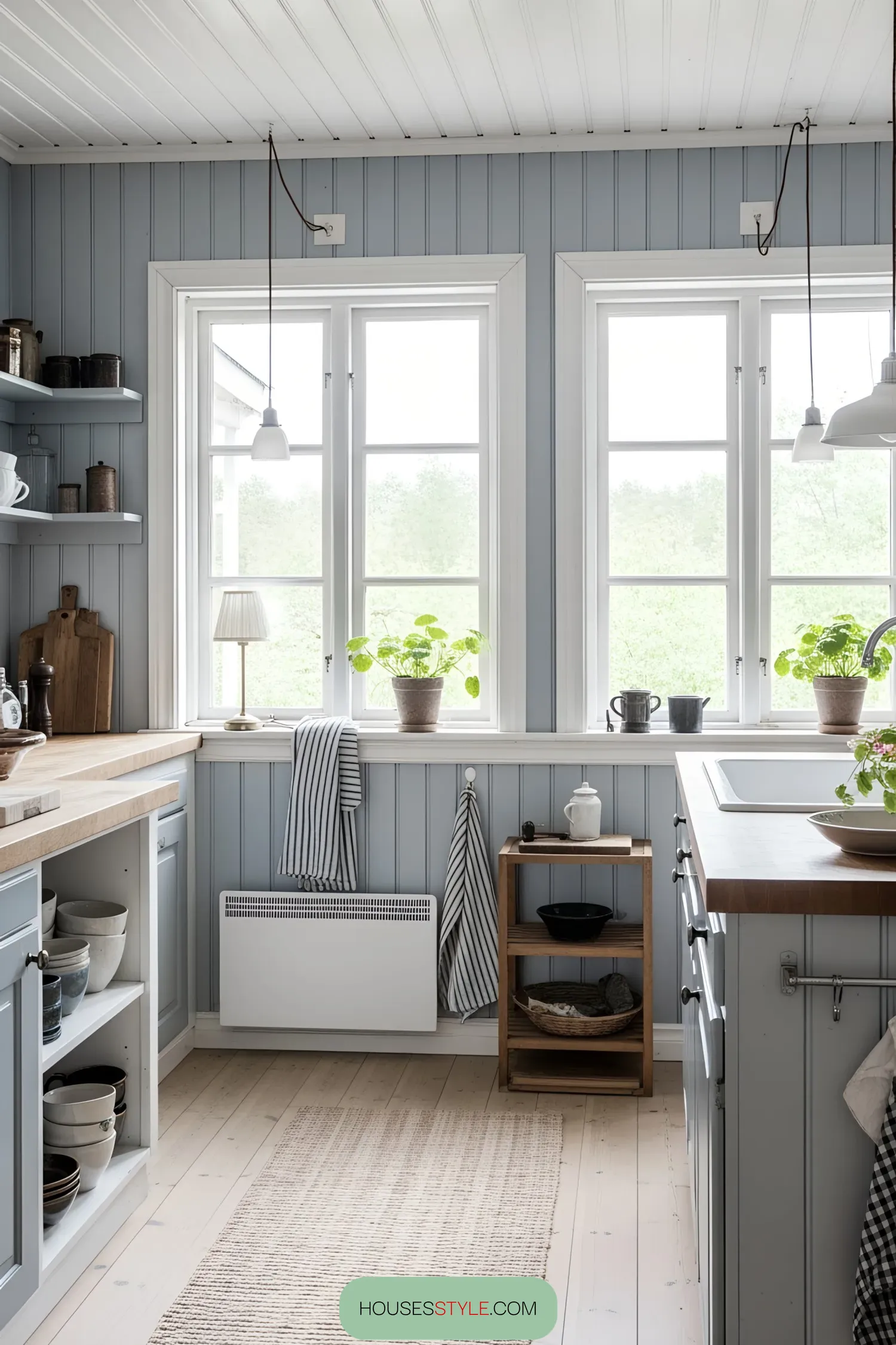 Bright Swedish cottage kitchen with blue walls and white windows