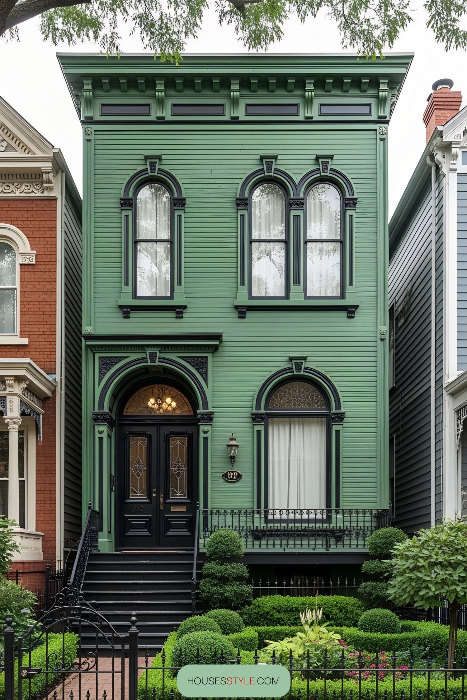 Victorian house with a green exterior and ornate details