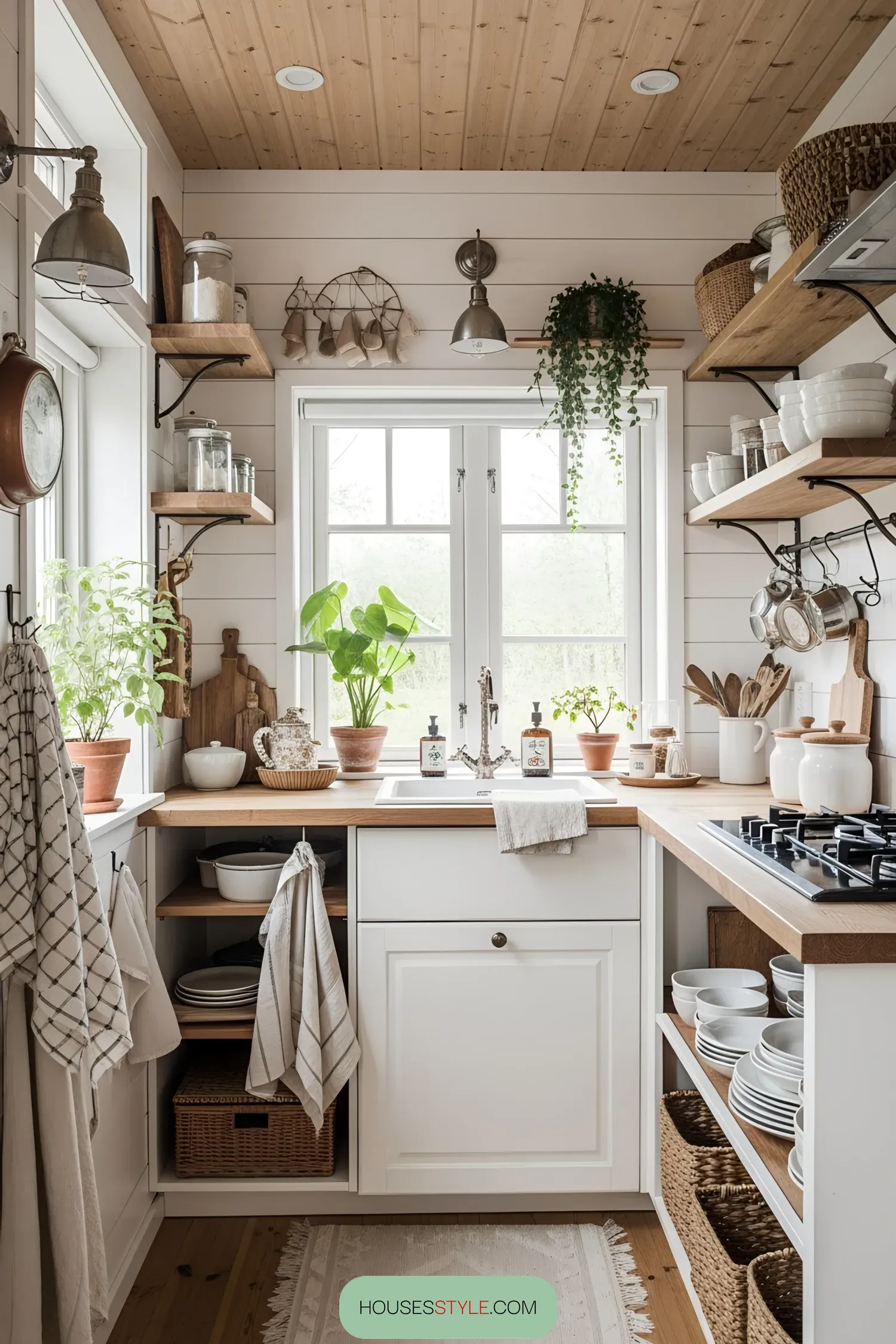 Tiny cottage kitchen with plants and wooden shelves