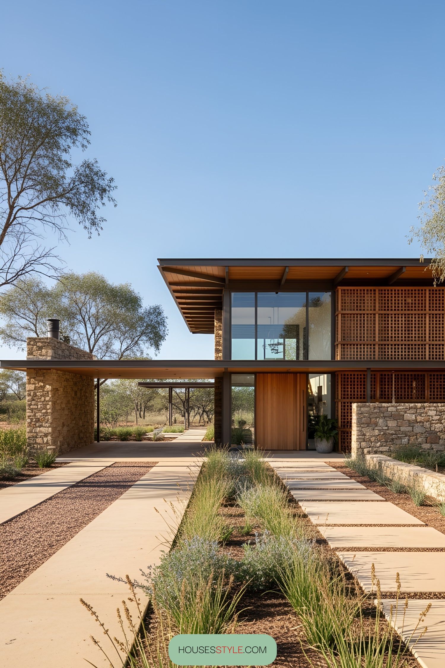 Modern luxury home with large glass windows and stone facade