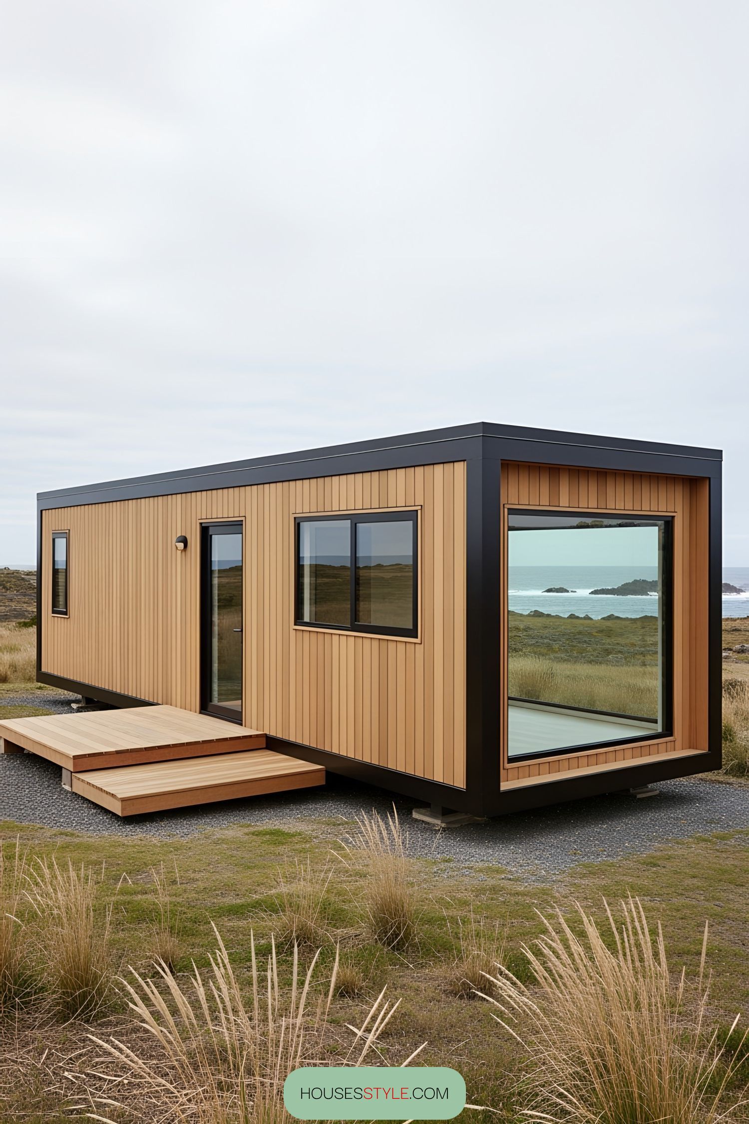 Wooden container office with large glass windows in a grassy landscape