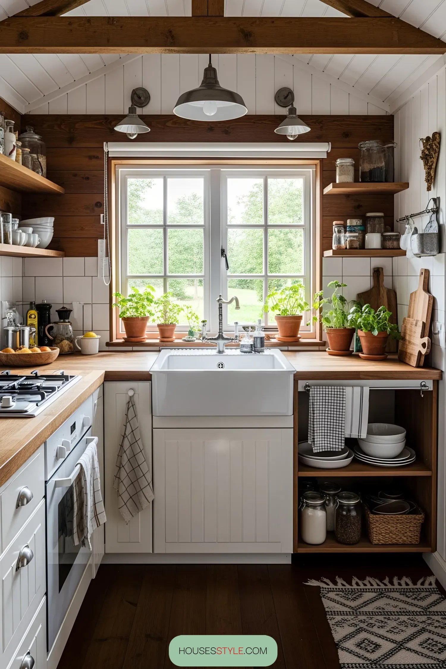 Compact kitchen with wooden accents and potted plants on the windowsill
