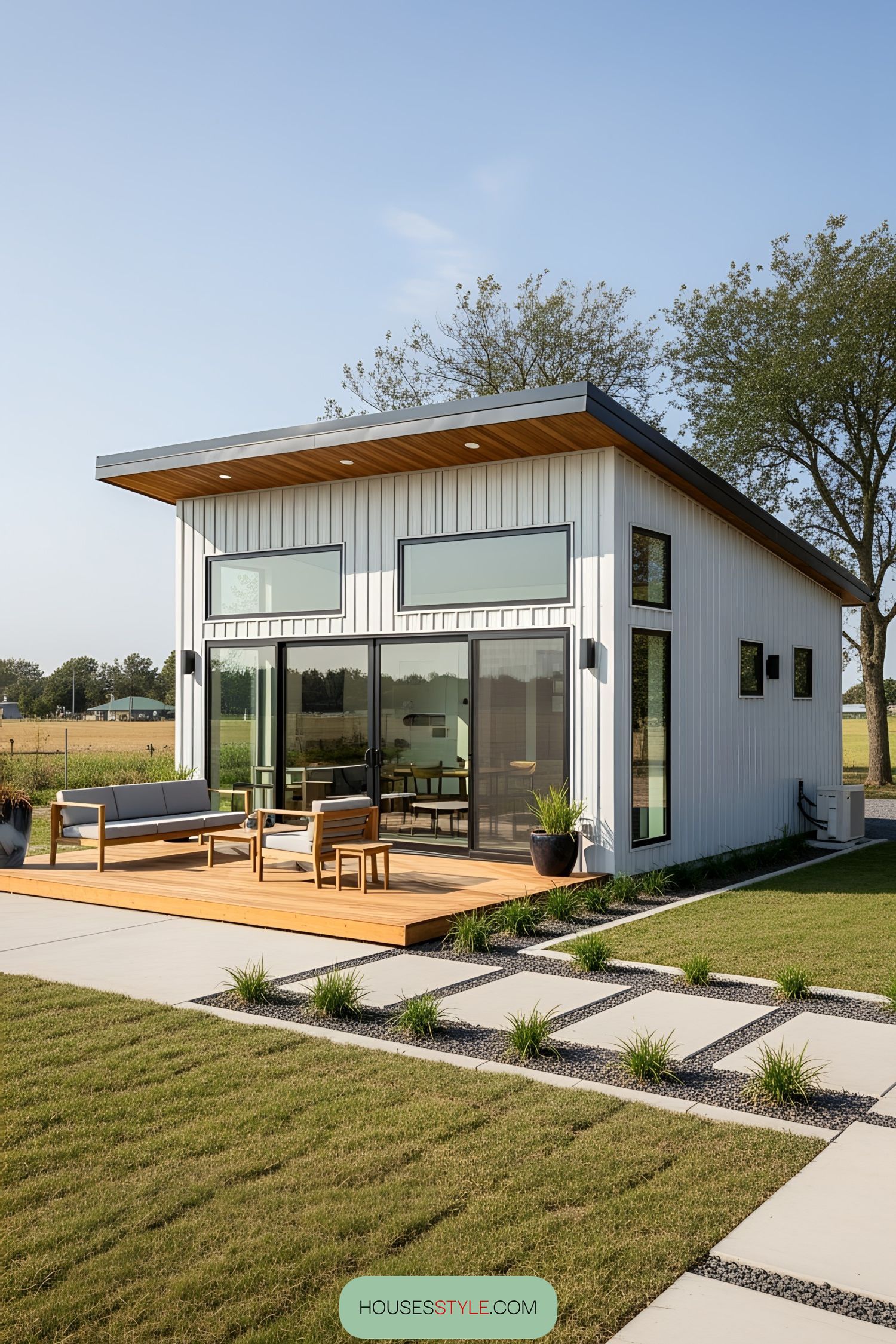 Small modern house with large windows and patio