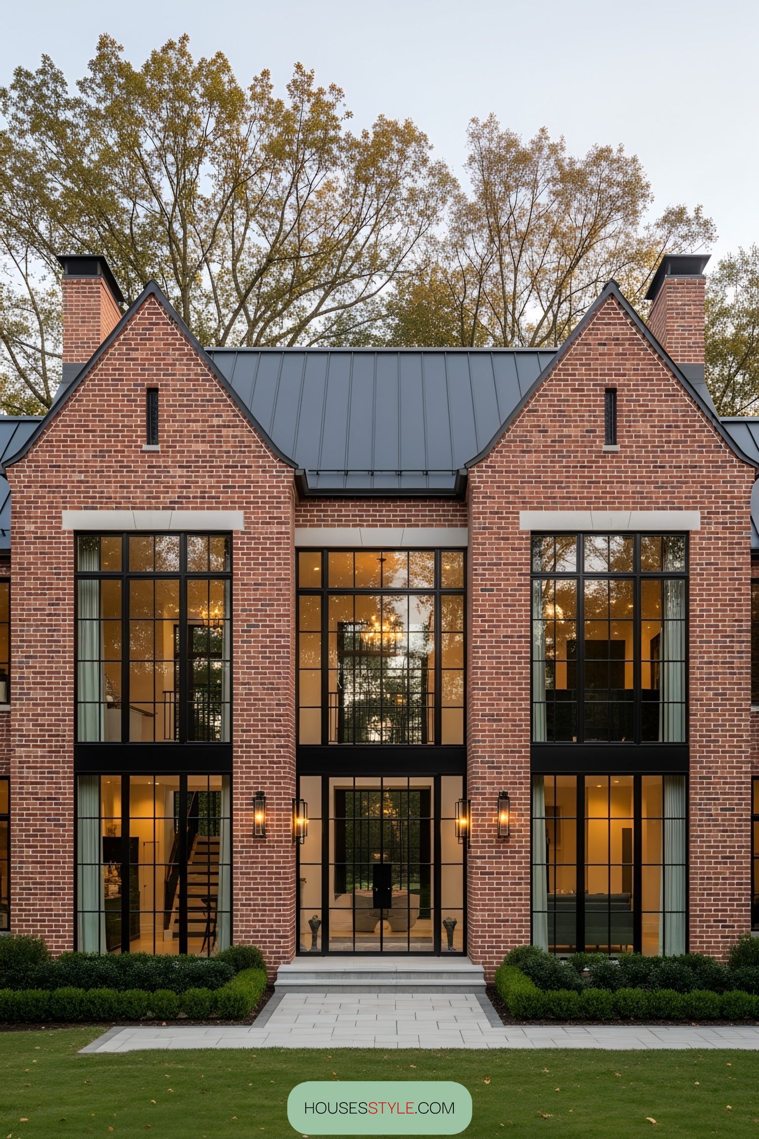 A stately brick farmhouse with large, elegant windows and a manicured lawn