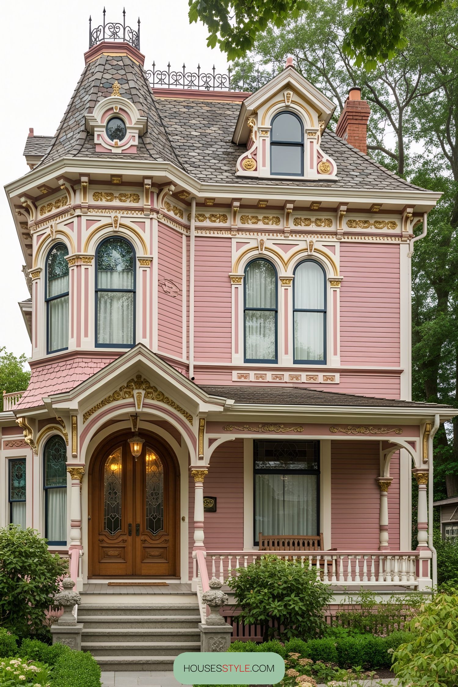 Elegant pink Victorian house with ornate details