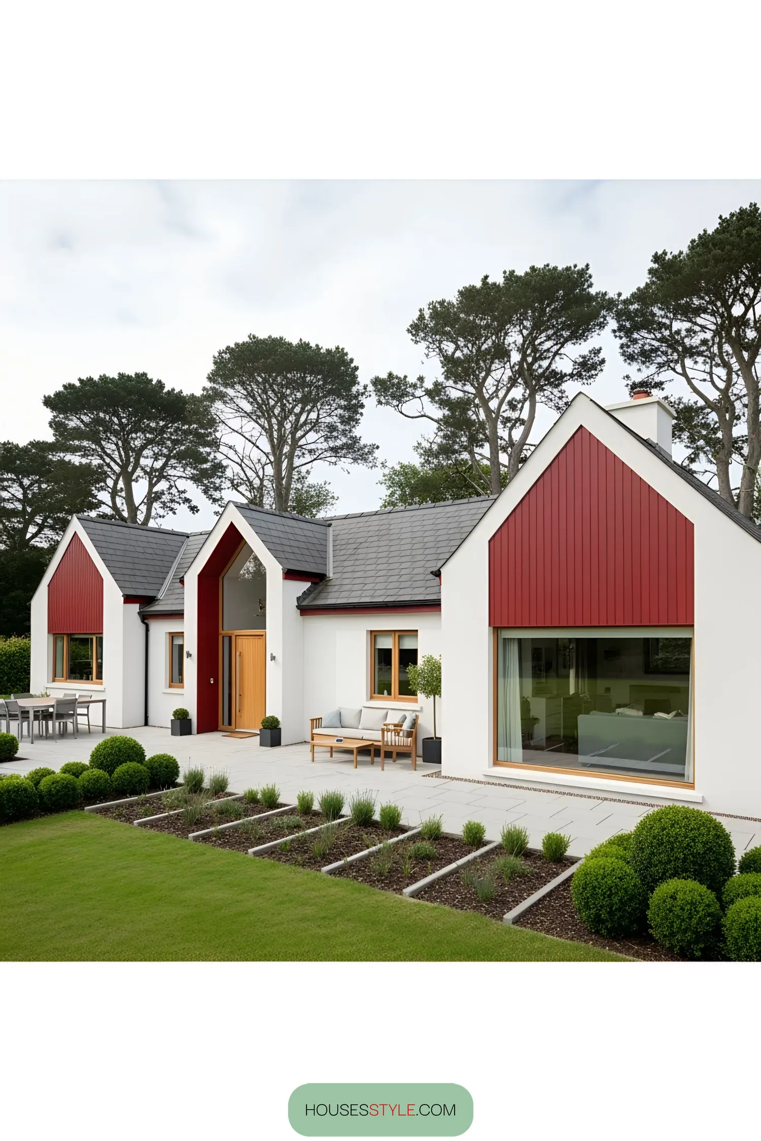 Irish bungalow with red gables and modern patio