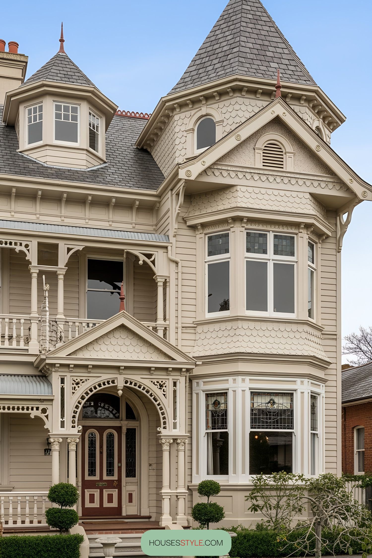 Victorian villa with turrets under a blue sky