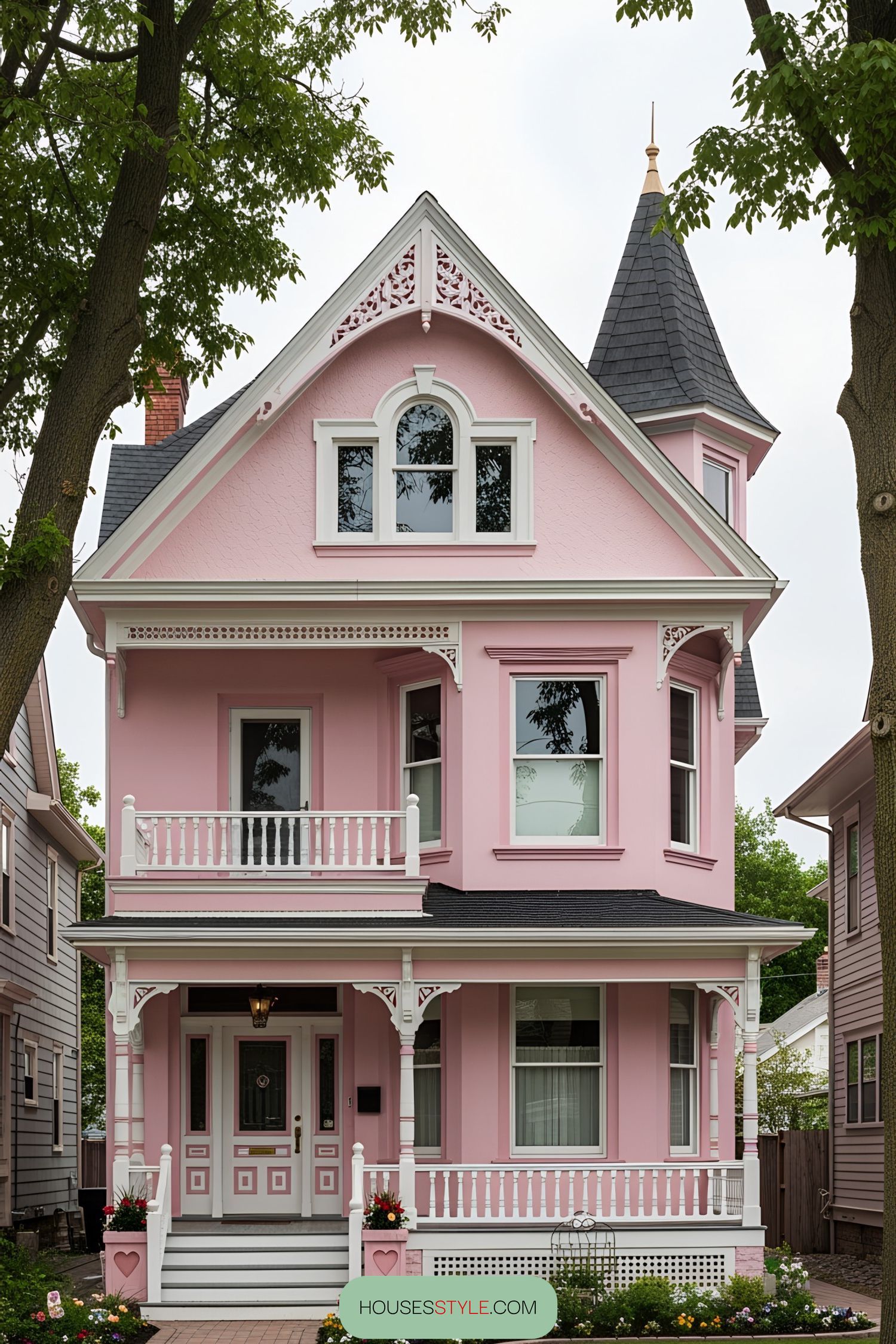 A charming pink Victorian house with intricate details