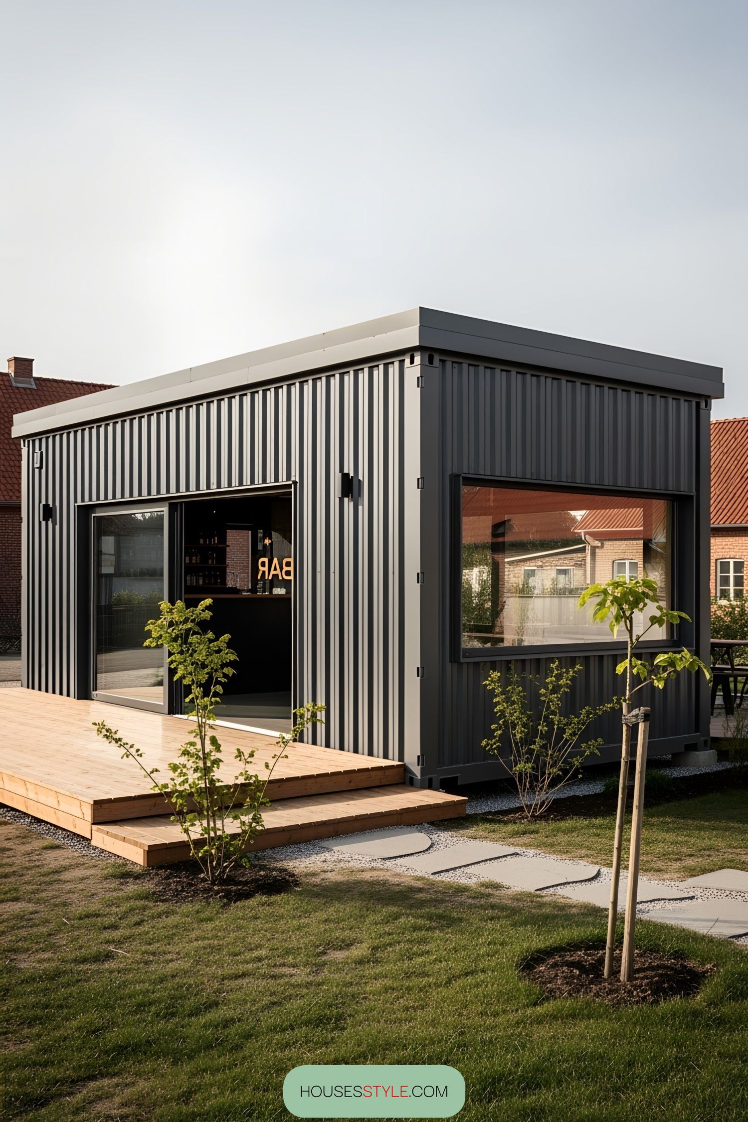Shipping container bar with large windows and a wooden deck