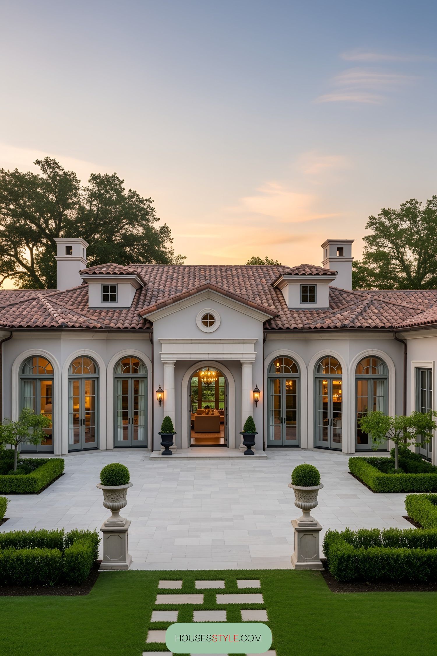 Elegant luxury home with a grand entrance and lush landscaping