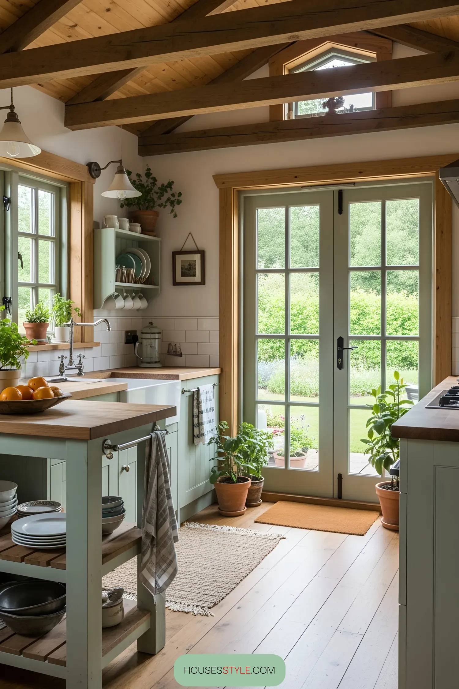 Cozy kitchen with green cabinets and wooden beams