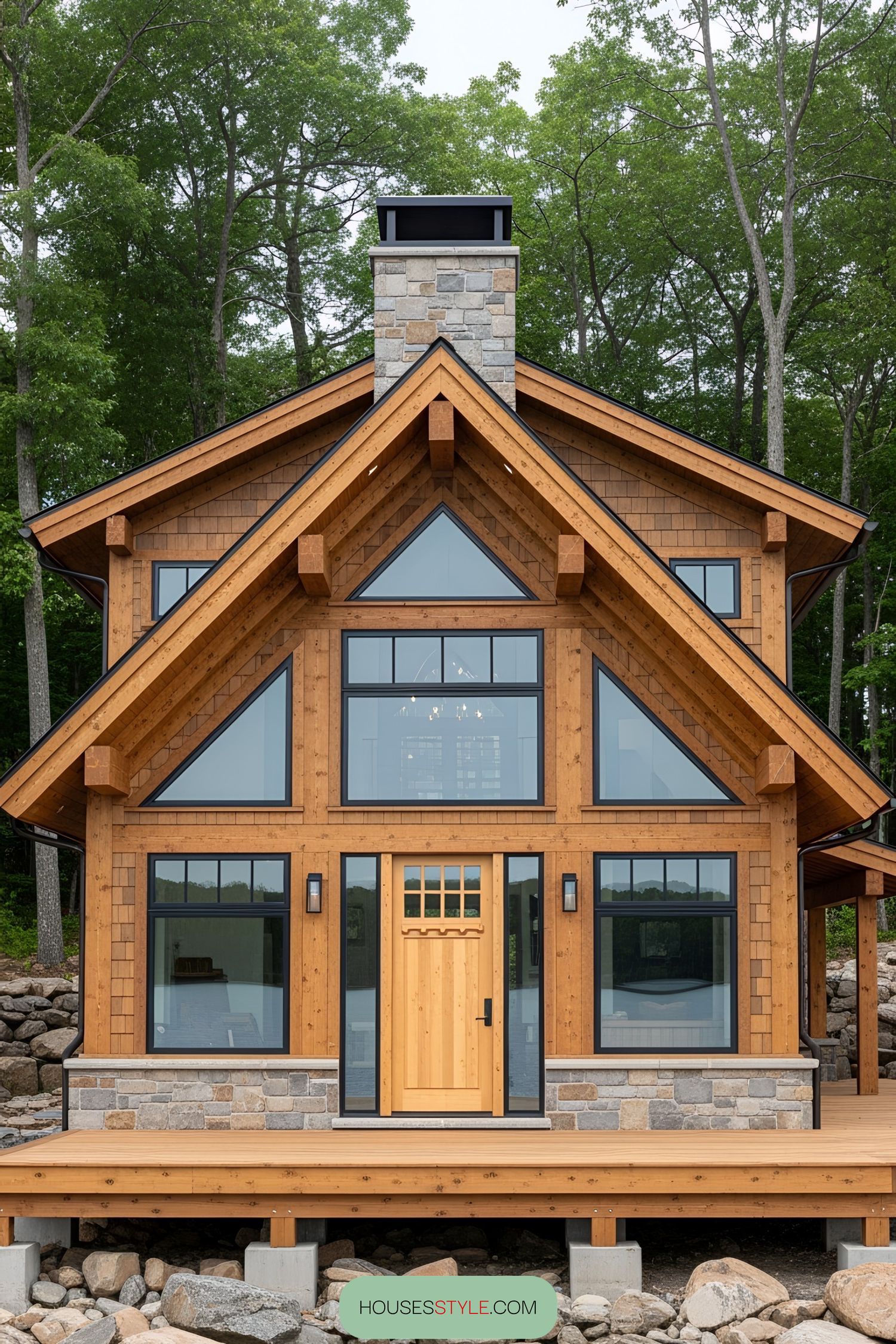 A-frame house with large windows and stone chimney