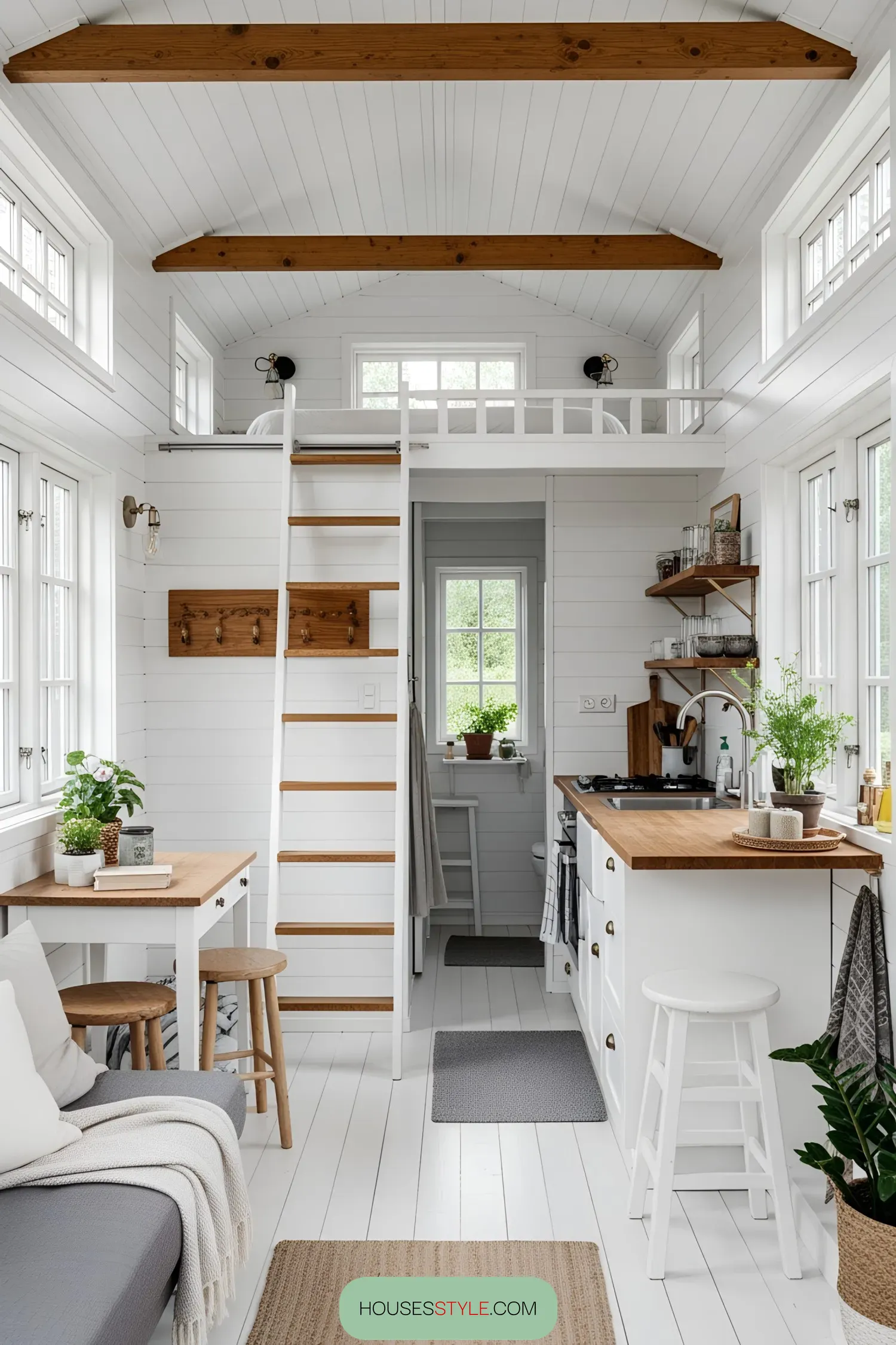 Bright and airy tiny cottage interior with wooden accents
