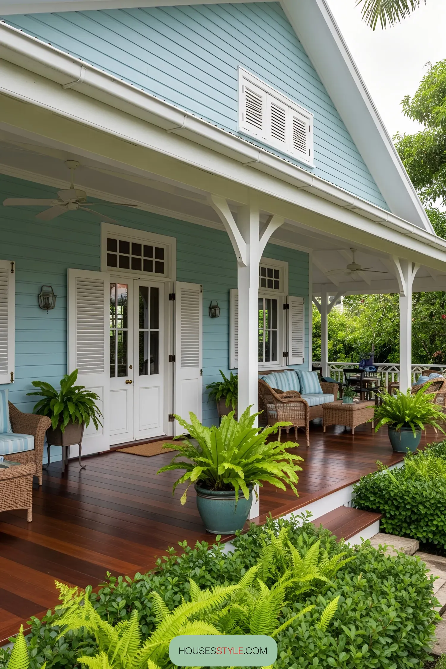 Light blue colonial house with white trim and lush plants