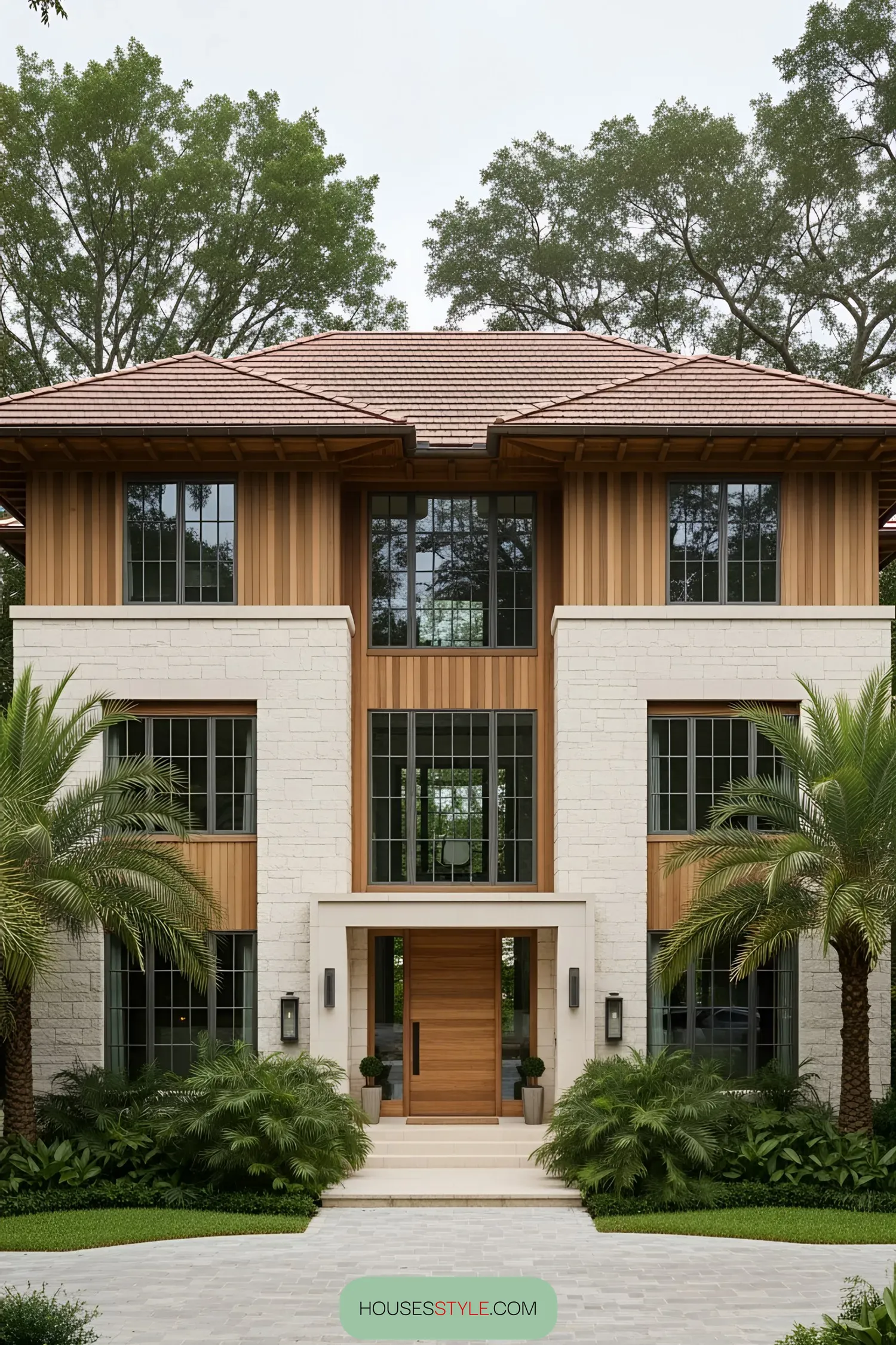 Colonial-style house with palms and large windows