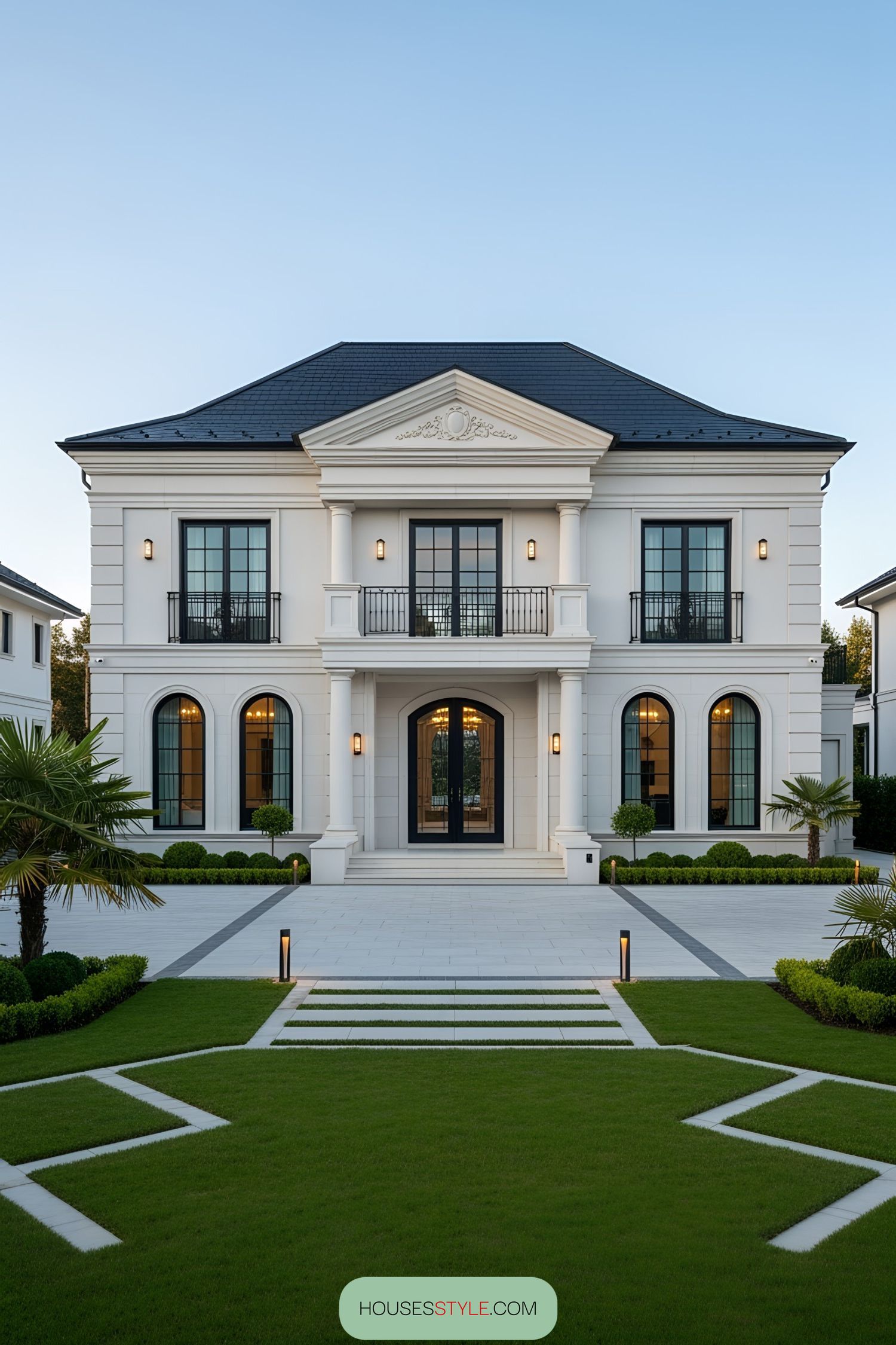 Two-story luxury villa with a grand entrance