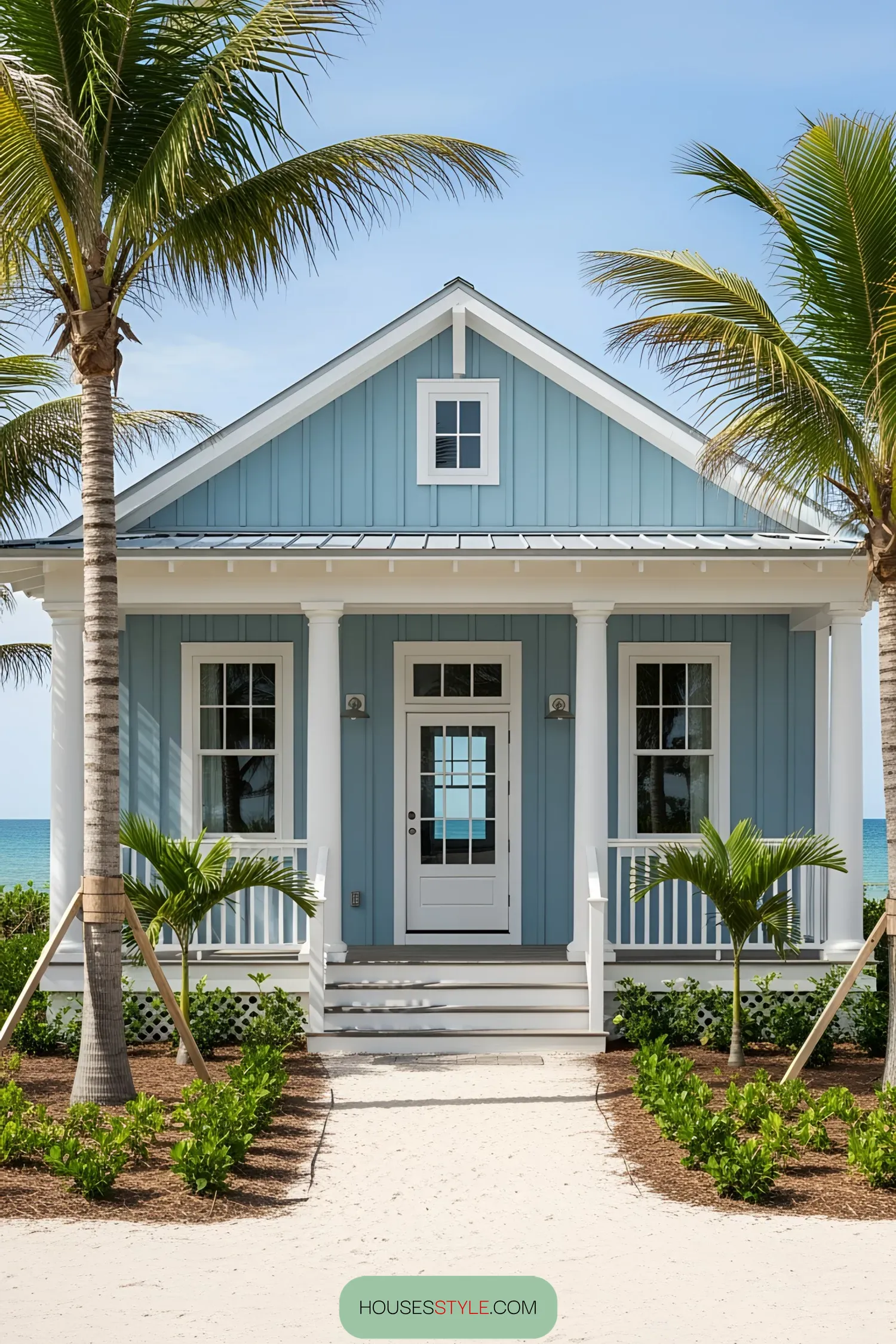 Charming blue beach house framed by palm trees