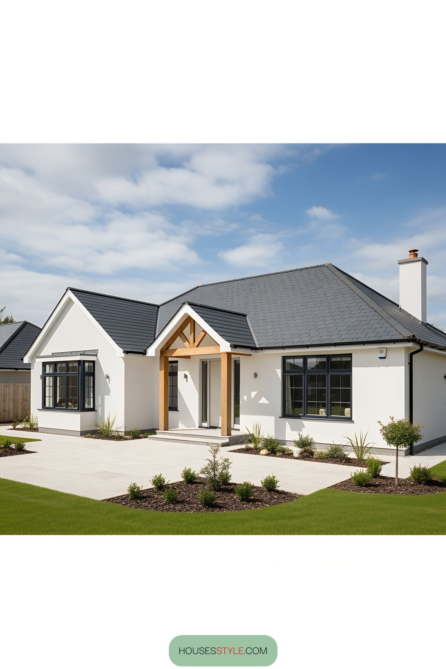 Modern white bungalow under a blue sky