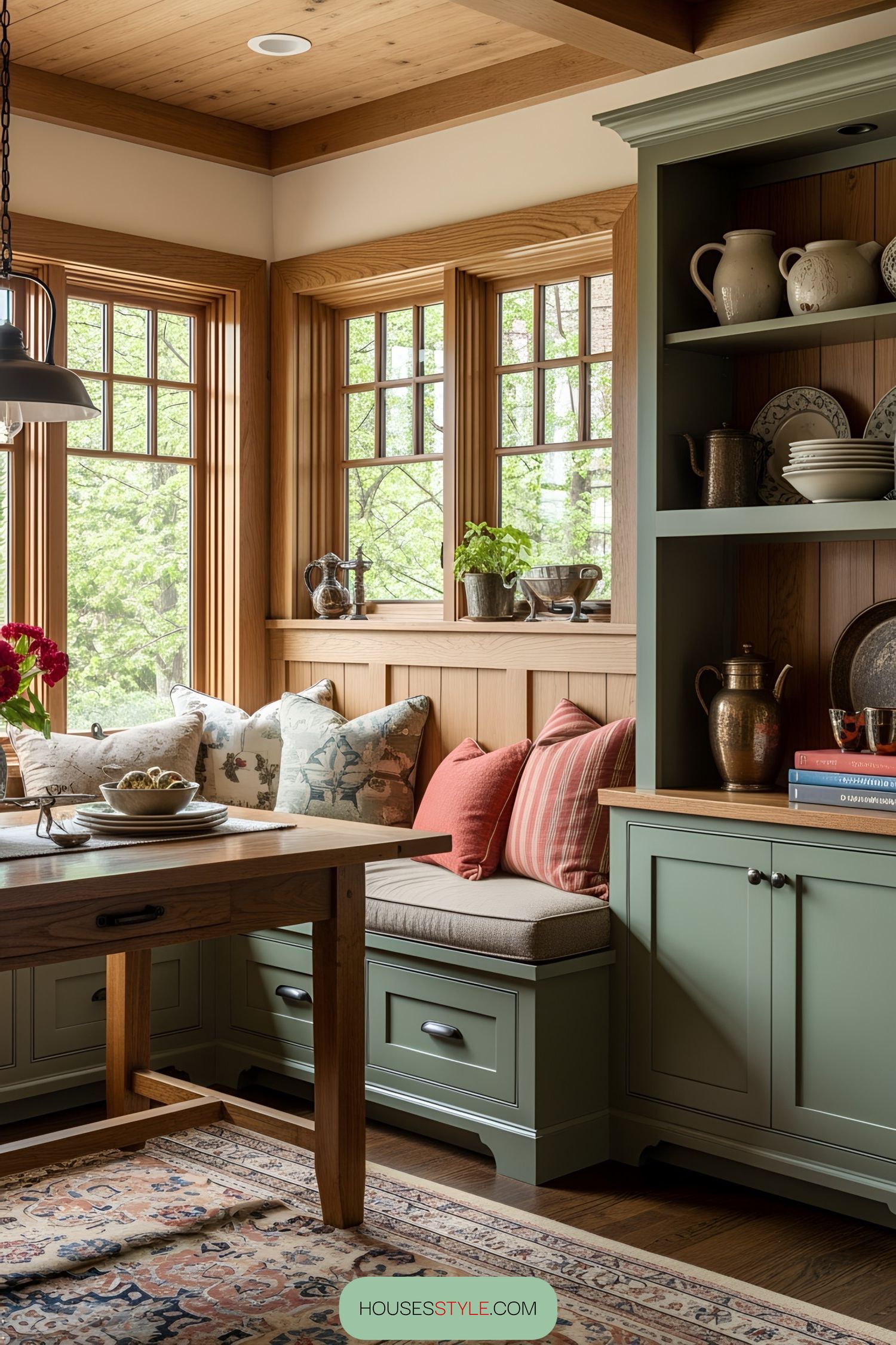 Cozy craftsman-style nook with window seating and green cabinetry
