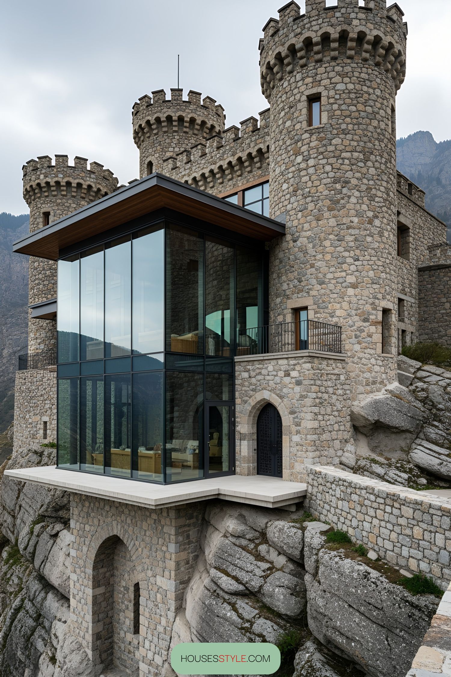 A stone castle with a contemporary glass extension perched on a cliff