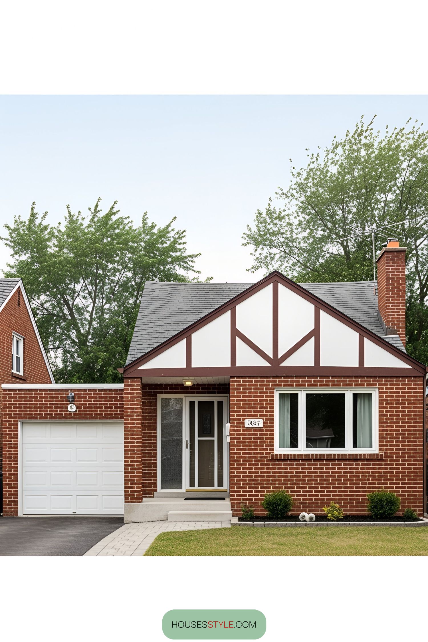 Brick bungalow with a garage and lush trees