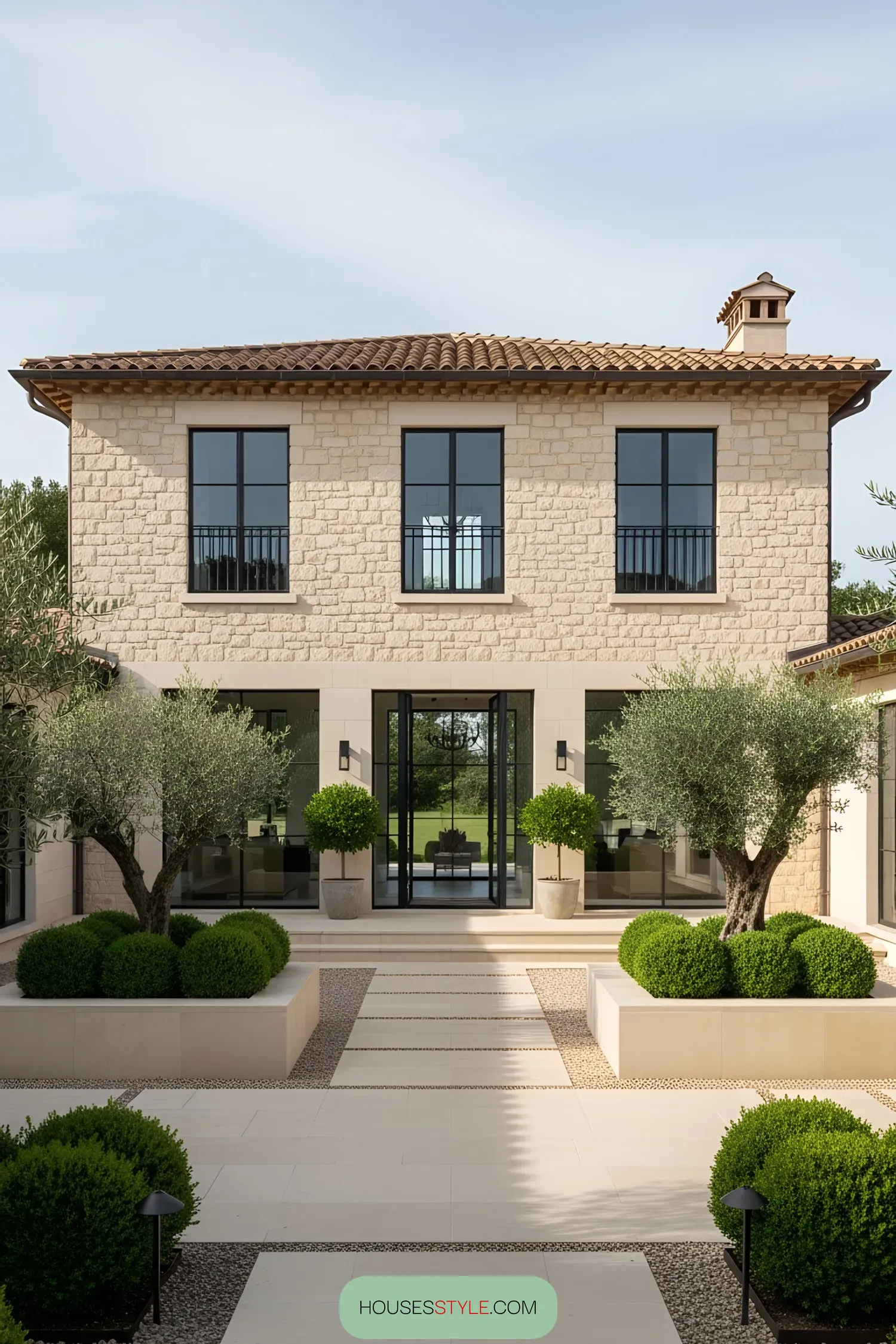 Modern Tuscan villa with stone facade and lush greenery