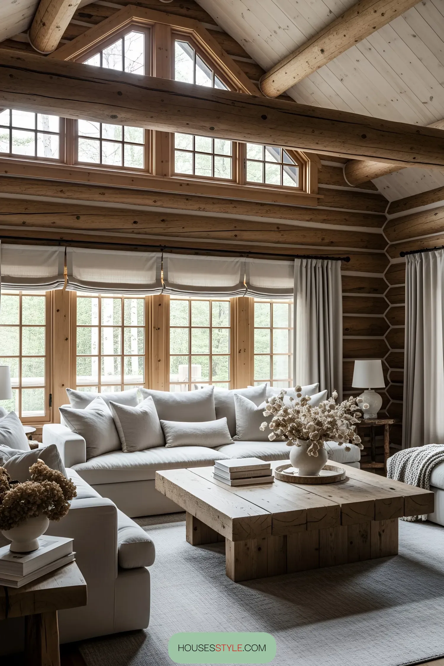 Bright and cozy log cabin living room with natural elements