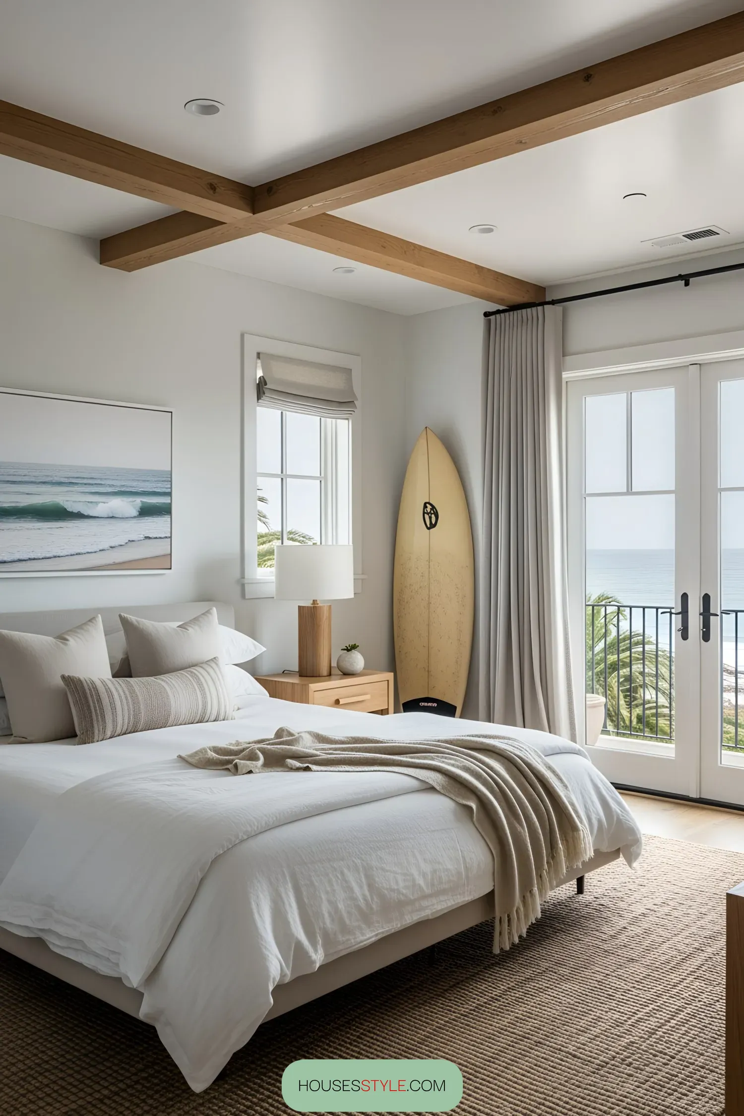 Cozy beachside bedroom with surfboard and ocean view