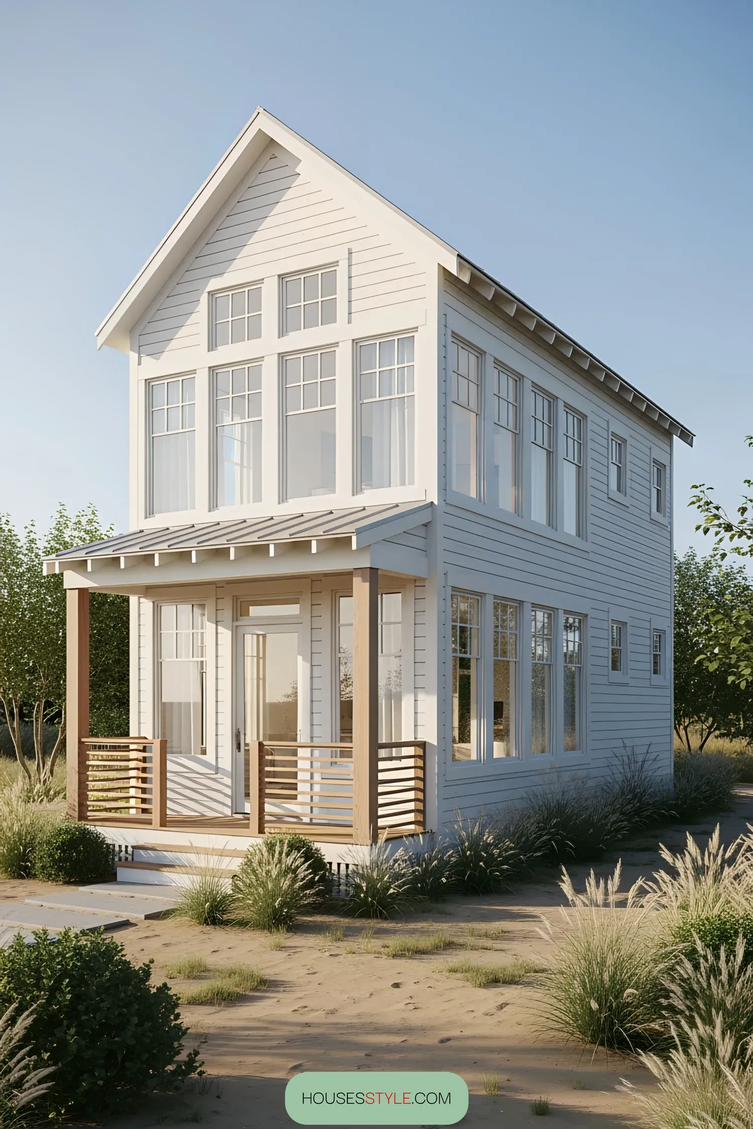 White coastal house with large windows and wooden porch