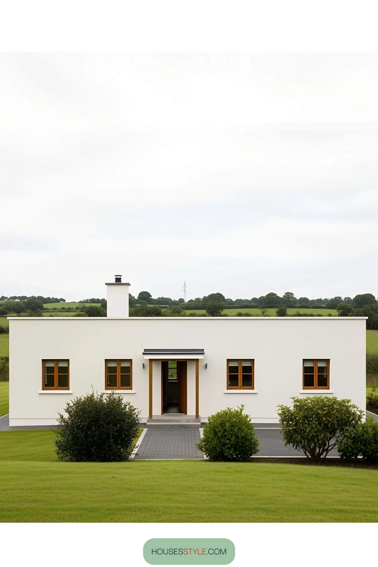 Modern white bungalow with green landscape