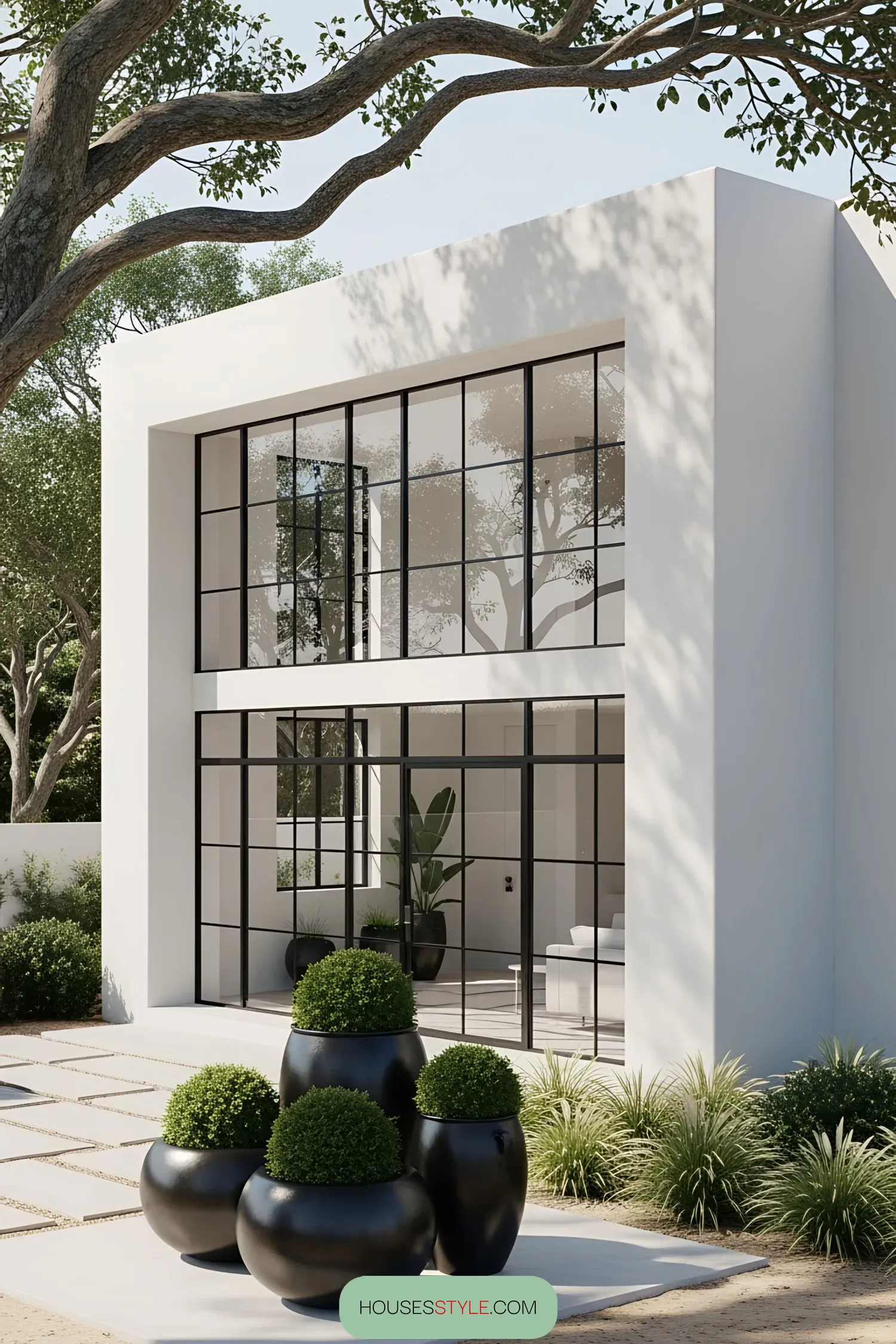 Modern coastal house with large glass windows and outdoor potted plants