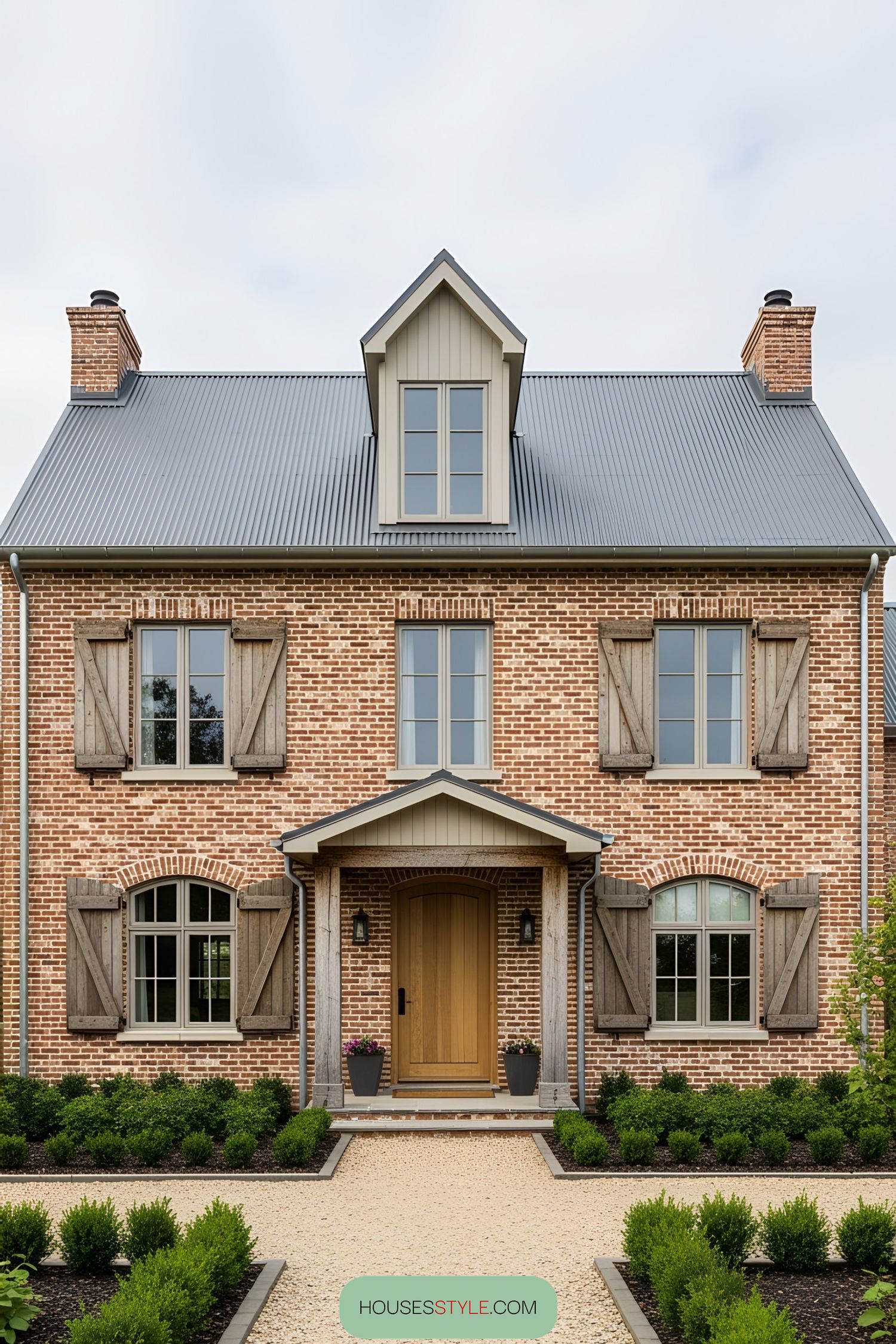 Brick farmhouse with symmetrical windows and wooden shutters