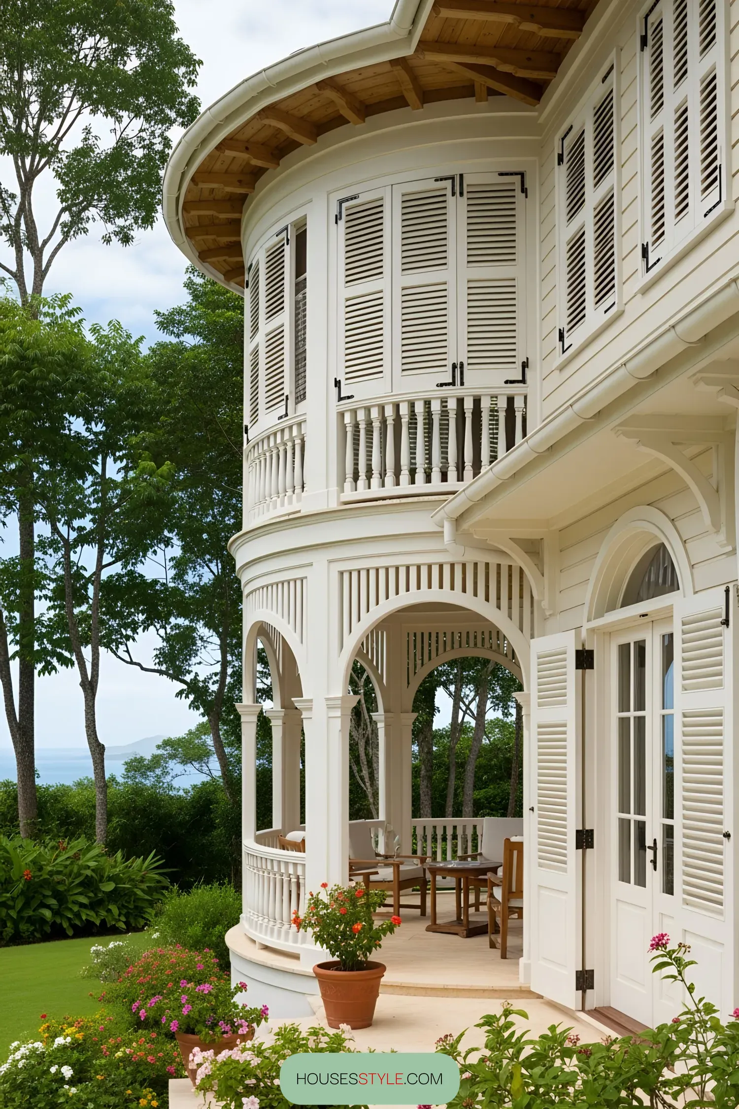 Colonial house in a lush tropical setting with a rounded balcony