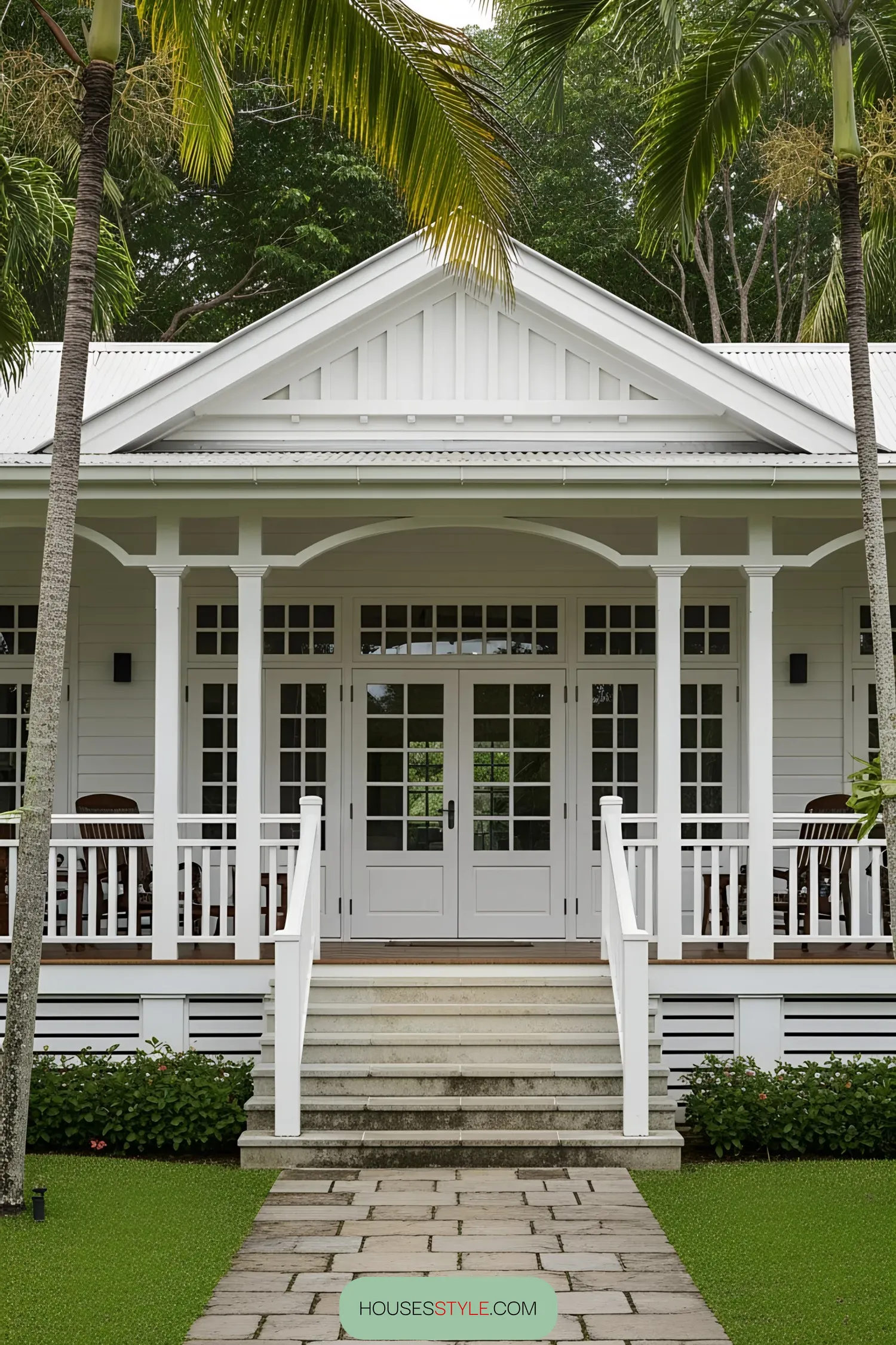 White colonial house surrounded by palm trees