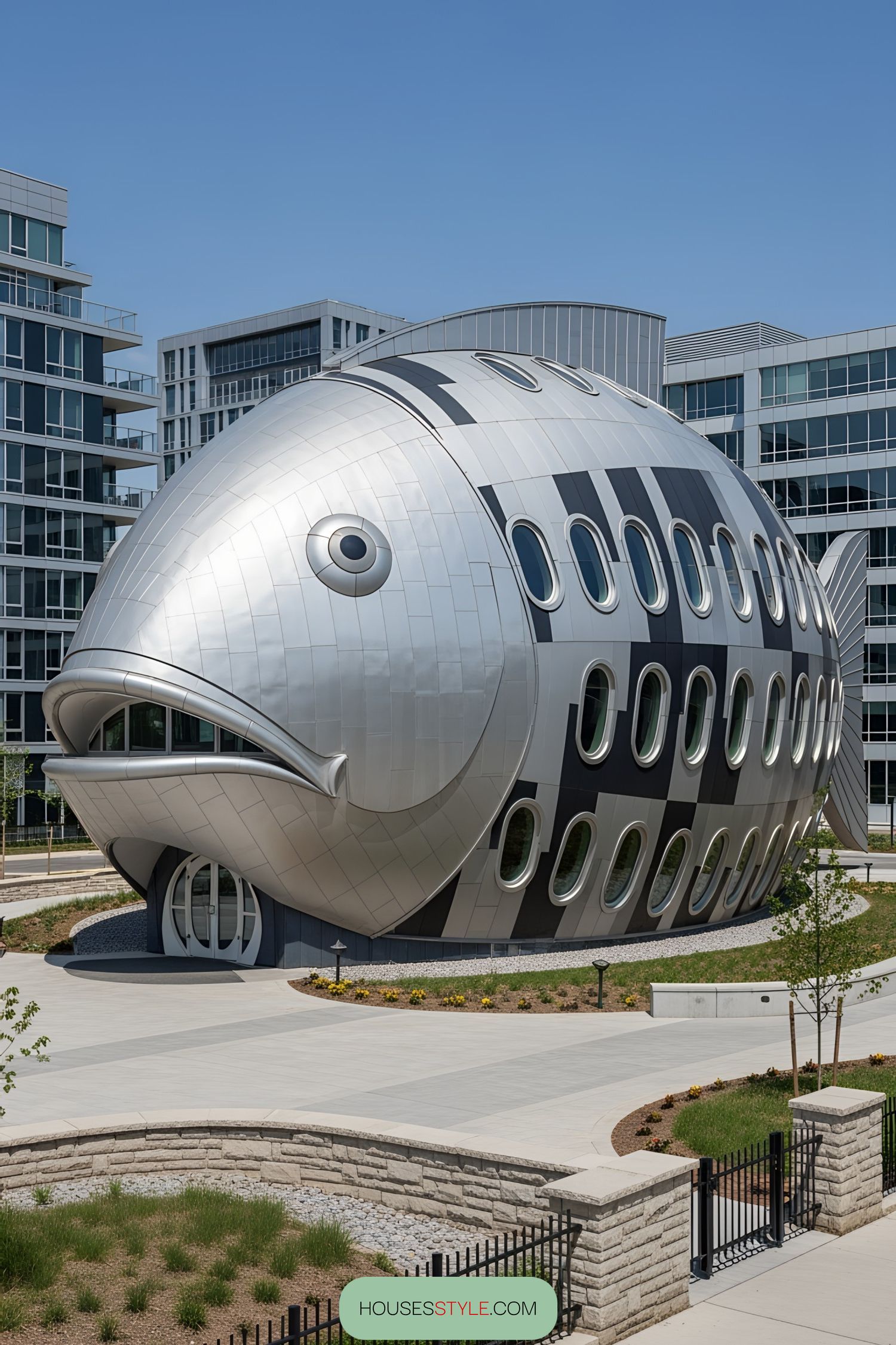 Silver fish-shaped building with oval windows