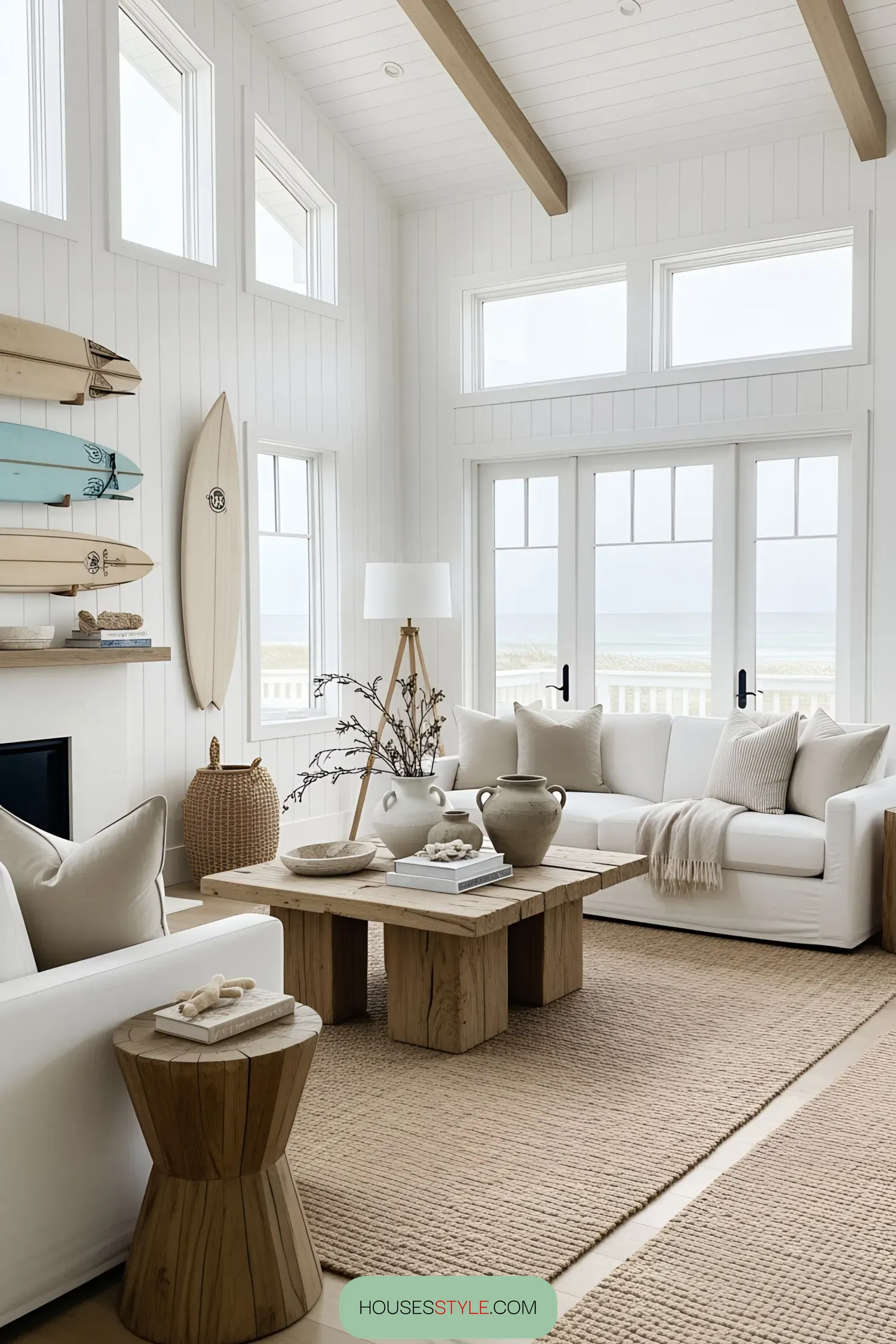 Beach-themed living room with surfboards and coastal decor