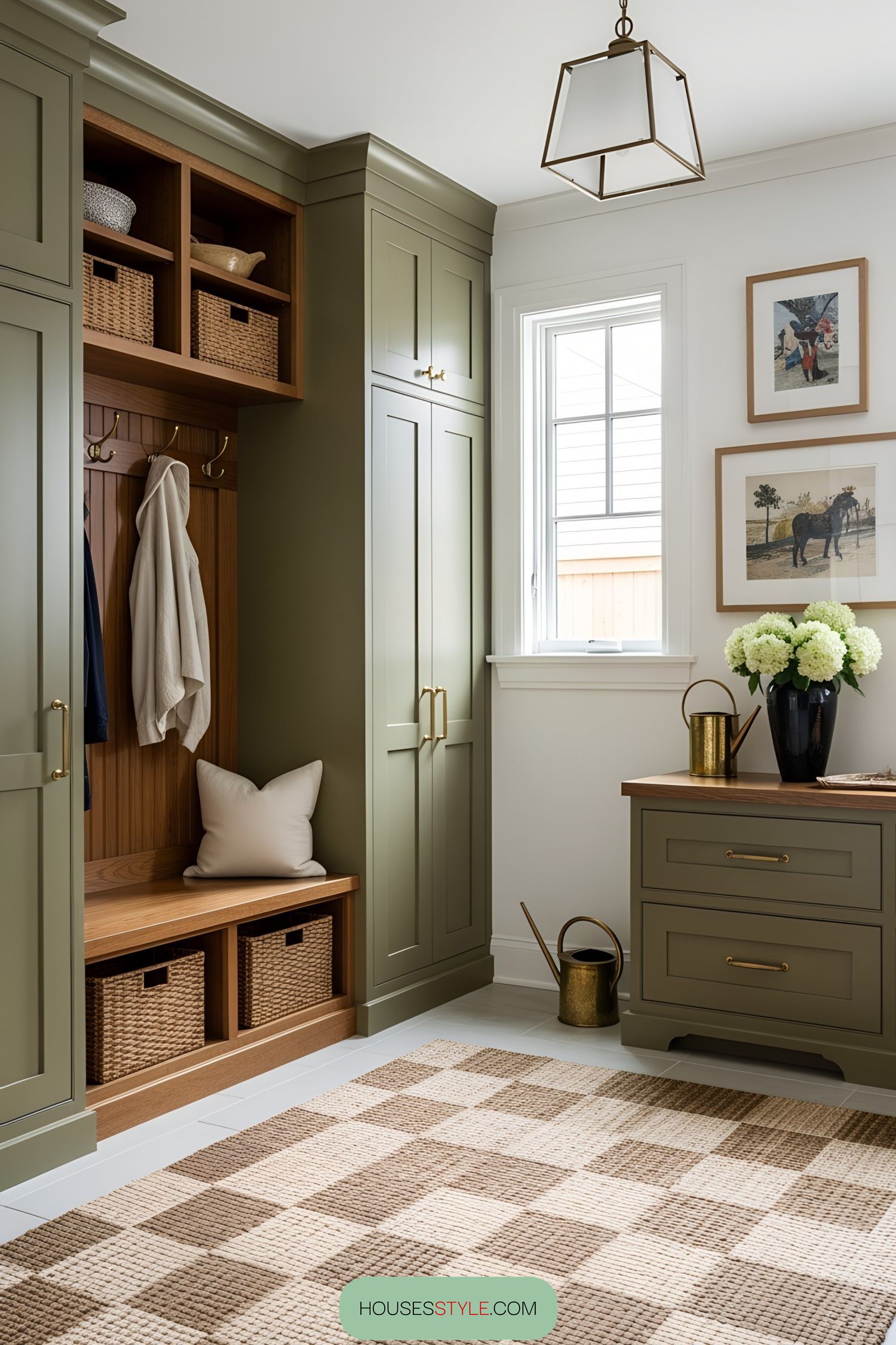 Cozy craftsman-style nook with storage, decorative touches, and natural lighting