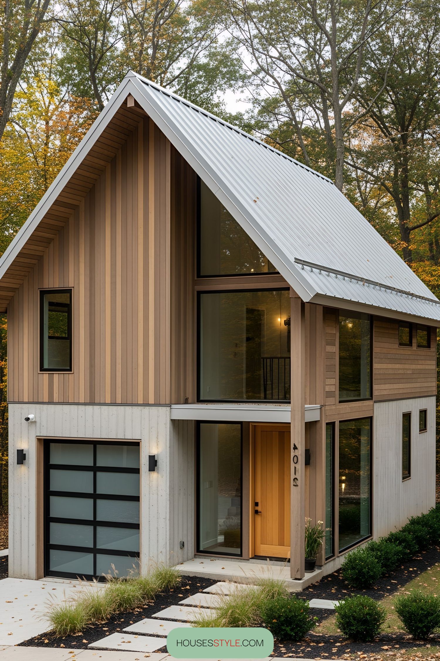 Modern industrial house with large windows, a sloped roof, and natural wood elements