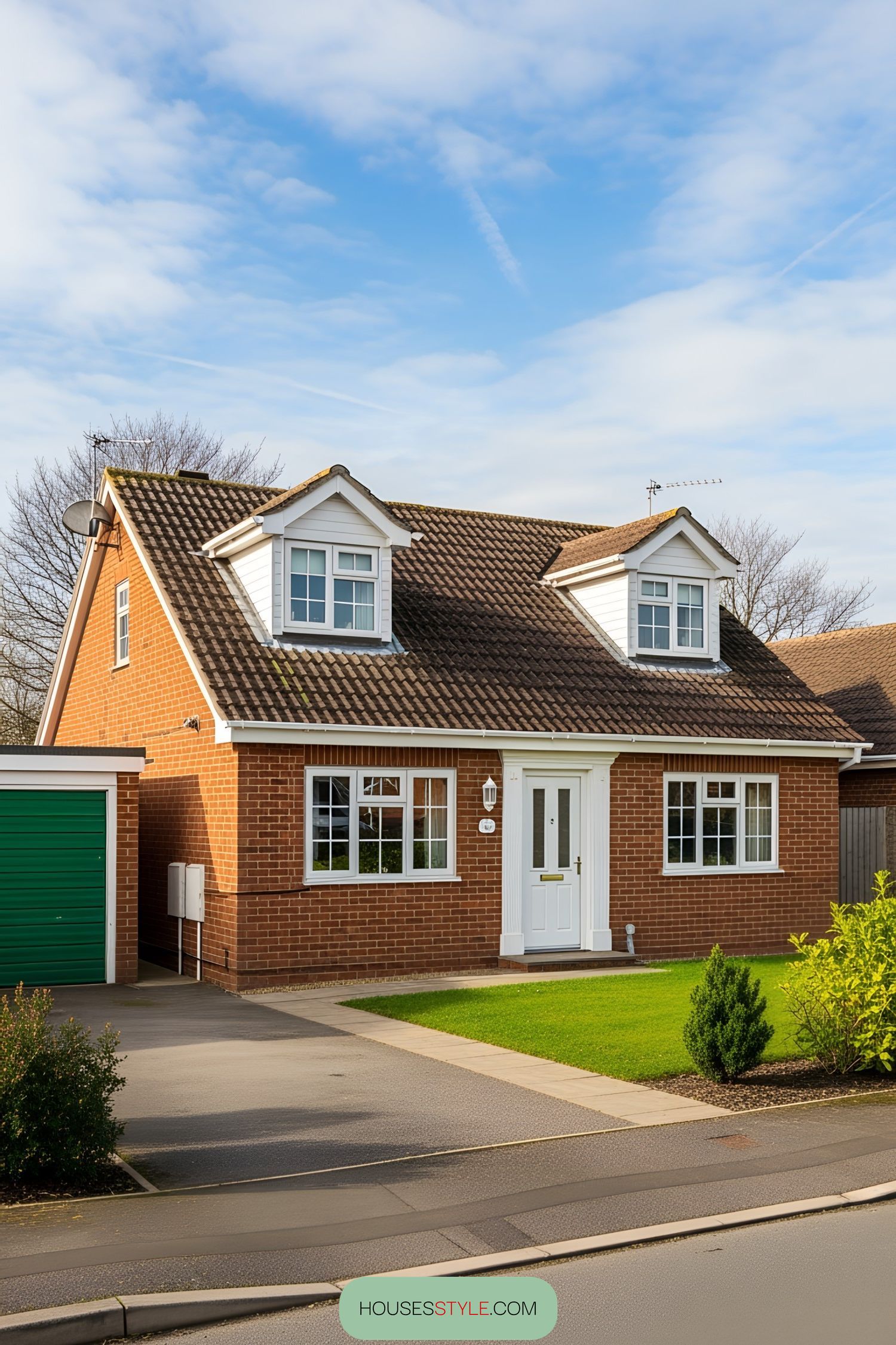 Red-brick chalet with two dormers and green garage door